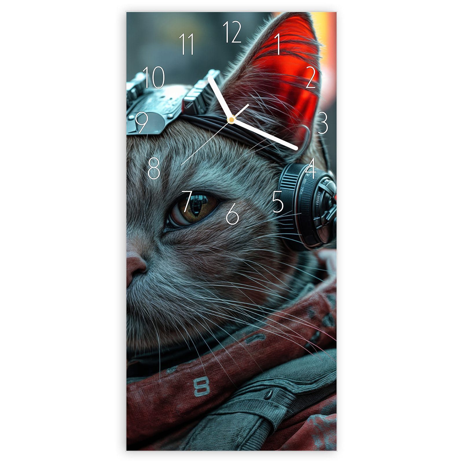 Wanduhr Glasuhr Wandkunst Größe 30 x 60 cm mit Motiv Cyberkatze