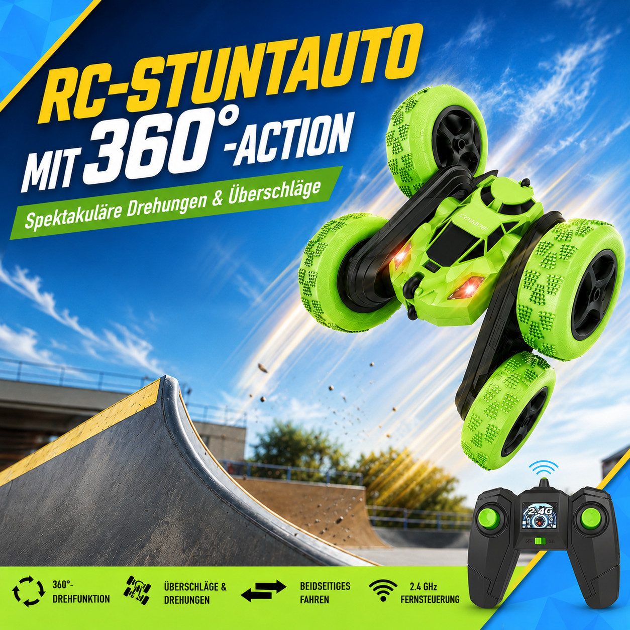 Diyarts RC-Auto (Ferngesteuertes Stuntauto inkl. 2 Akkus & Fernbedienung, Spiel-Set mit Zubehör), Stuntauto 360°-Action, LED-Lichtern & 60 Min. Spielspaß