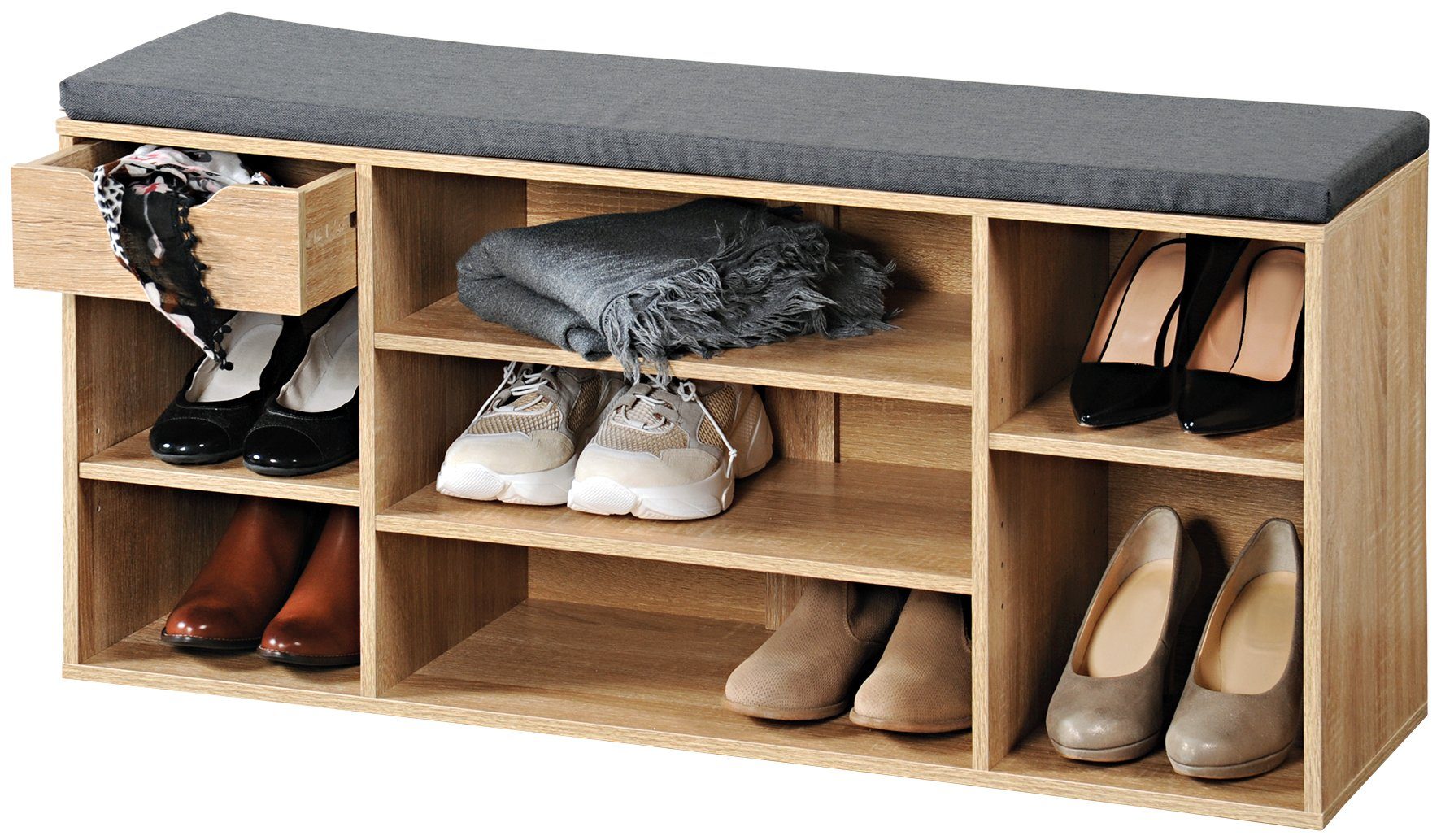Kesper Schuhbank Schuhschrank mit Sitzkissen und Schublade Sonoma Eiche (1 Stück), Bietet Platz für bis zu 10 Paar Schuhe