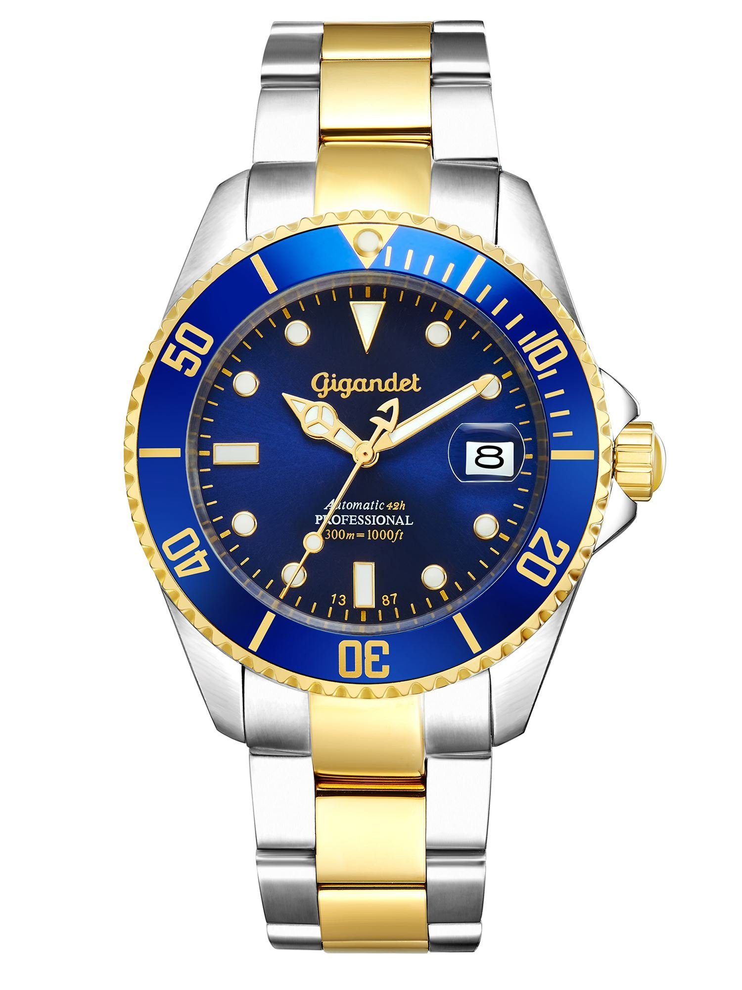 Gigandet Automatikuhr Herrenuhr, Armbanduhr, Taucheruhr, 43mm, SEA GROUND G2-001, Mineralglas, Aluminiumlünette, Blau, 30bar/300m wasserdicht
