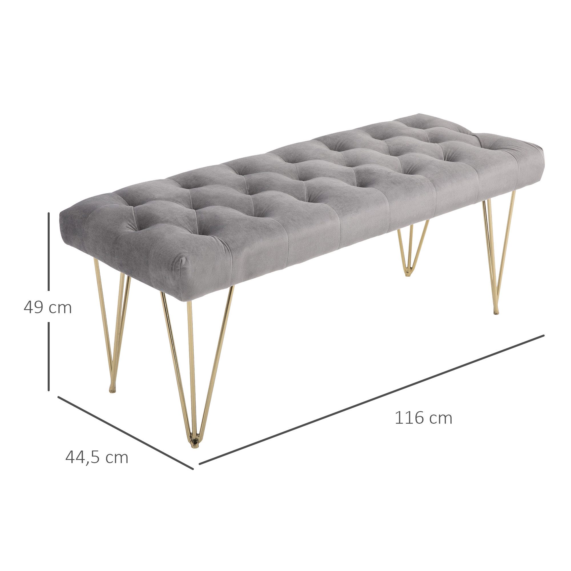 HOMCOM Sitzbank Pianobank Schuhbank mit Samtoptik Metall (Bettbank, 1-St., Polyesterbank), Grau 116 x 44,5 x 49 cm – Bild 3 von 5