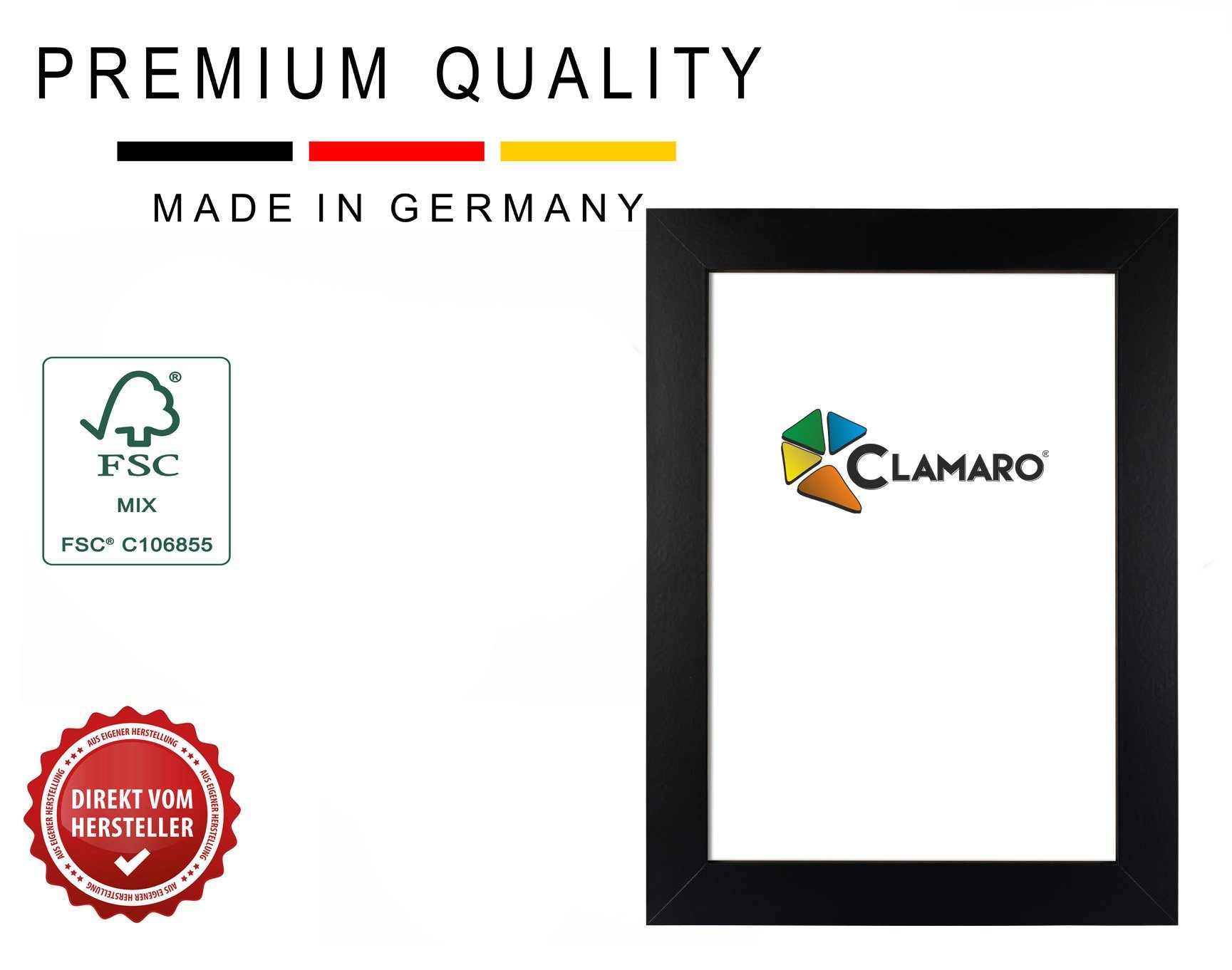 Clamaro Rahmen, Bilderrahmen Acrylglas, FSC® Rahmen matt und Aufhänger 'Collage' Holz MDF schwarz DIN CLAMARO Rückwand inkl