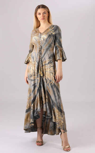 YC Fashion & Style Sommerkleid Maxikleid mit Goldenem Print und Asymmetrischem Saum Alloverdruck
