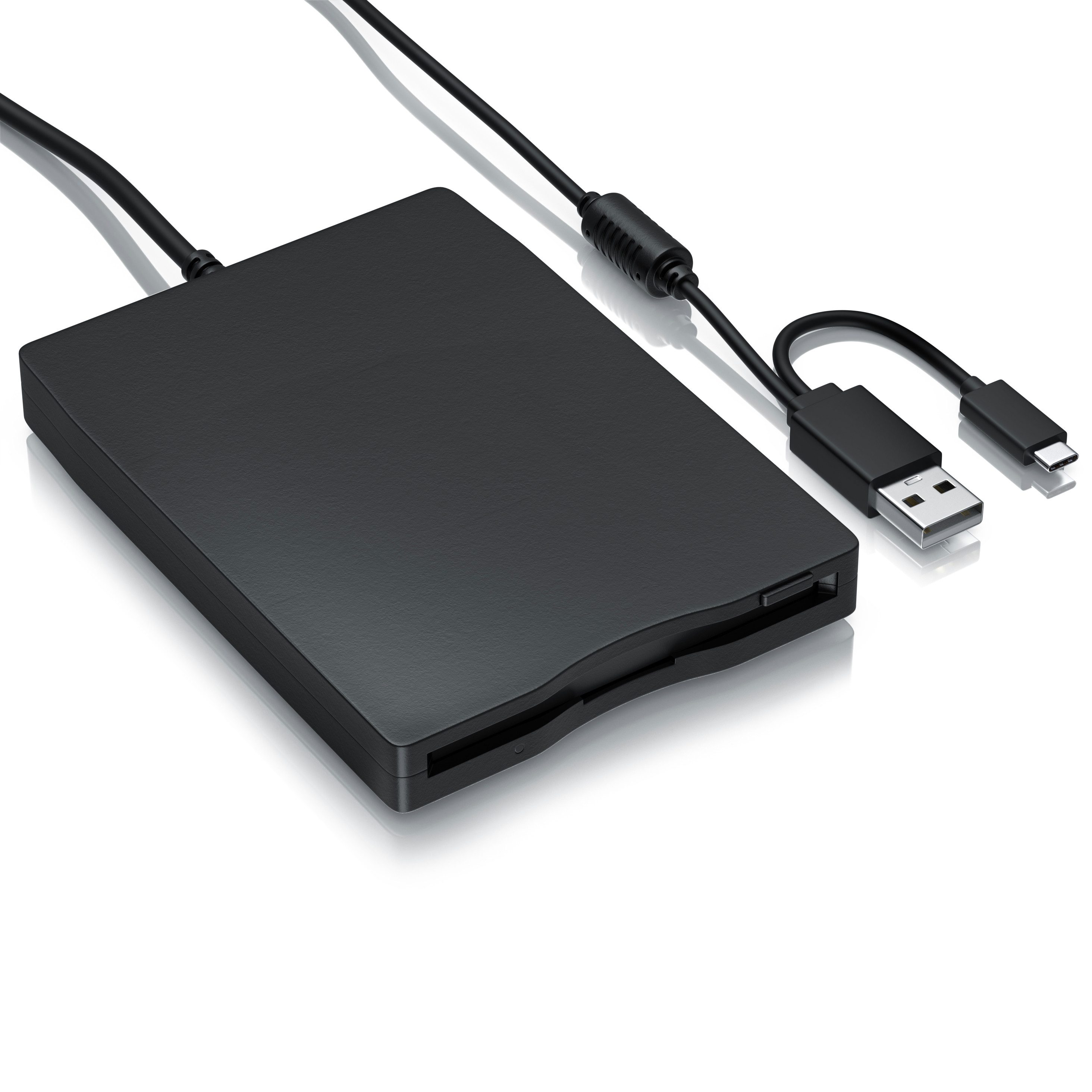 CSL Externes 3,5 Zoll, 1,44 MB, USB A und C, Plug & Play Diskettenlaufwerk (USB-A, USB 2.0, USB-C, Slimline Design, keine Treiber, Windows 10 11, schwarz, 14x10x1,7 cm)