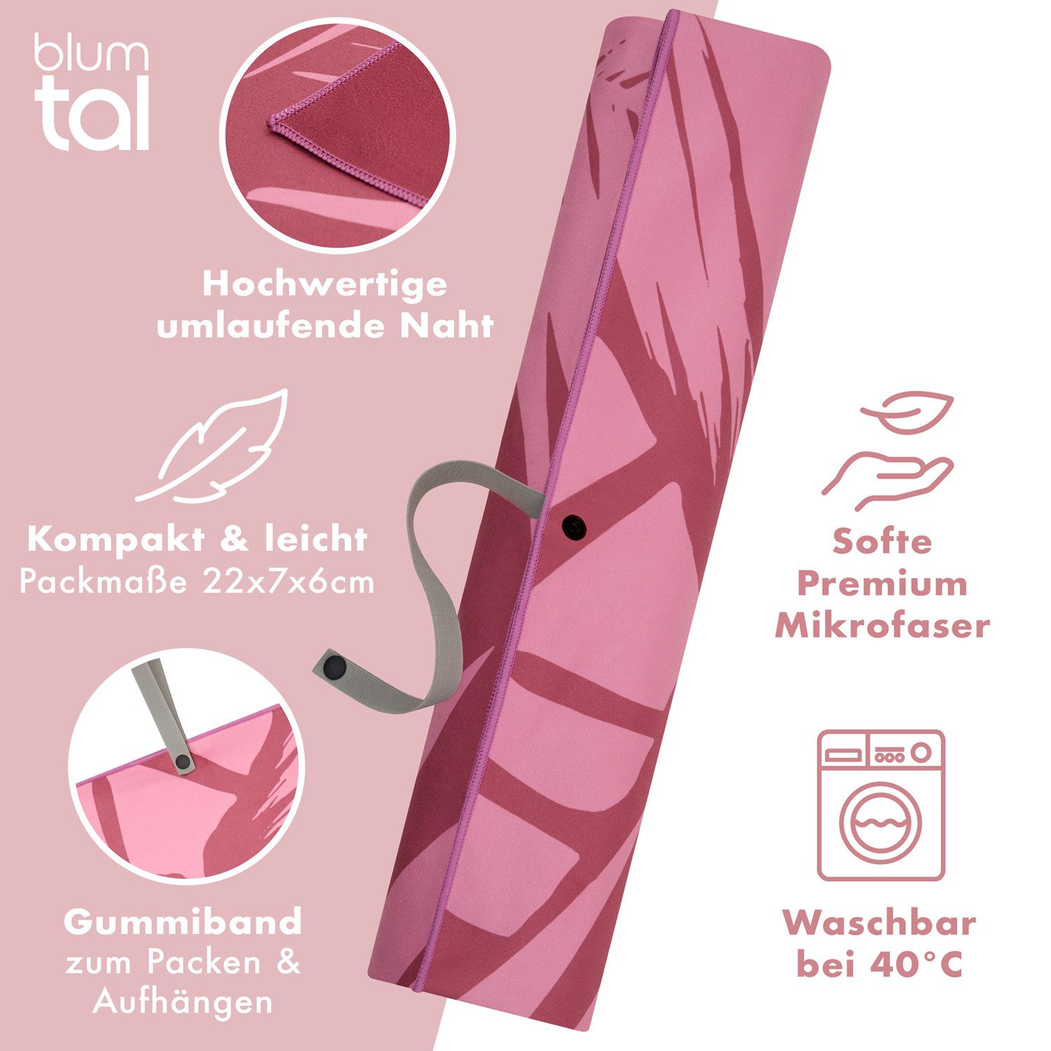 Blumtal Reisehandtuch Strandhandtuch 90x180 cm aus Mikrofaser - kompakt & schnelltrocknend, sandfrei mit Band - Mikrofaser Handtuch groß mit Wellen-Muster