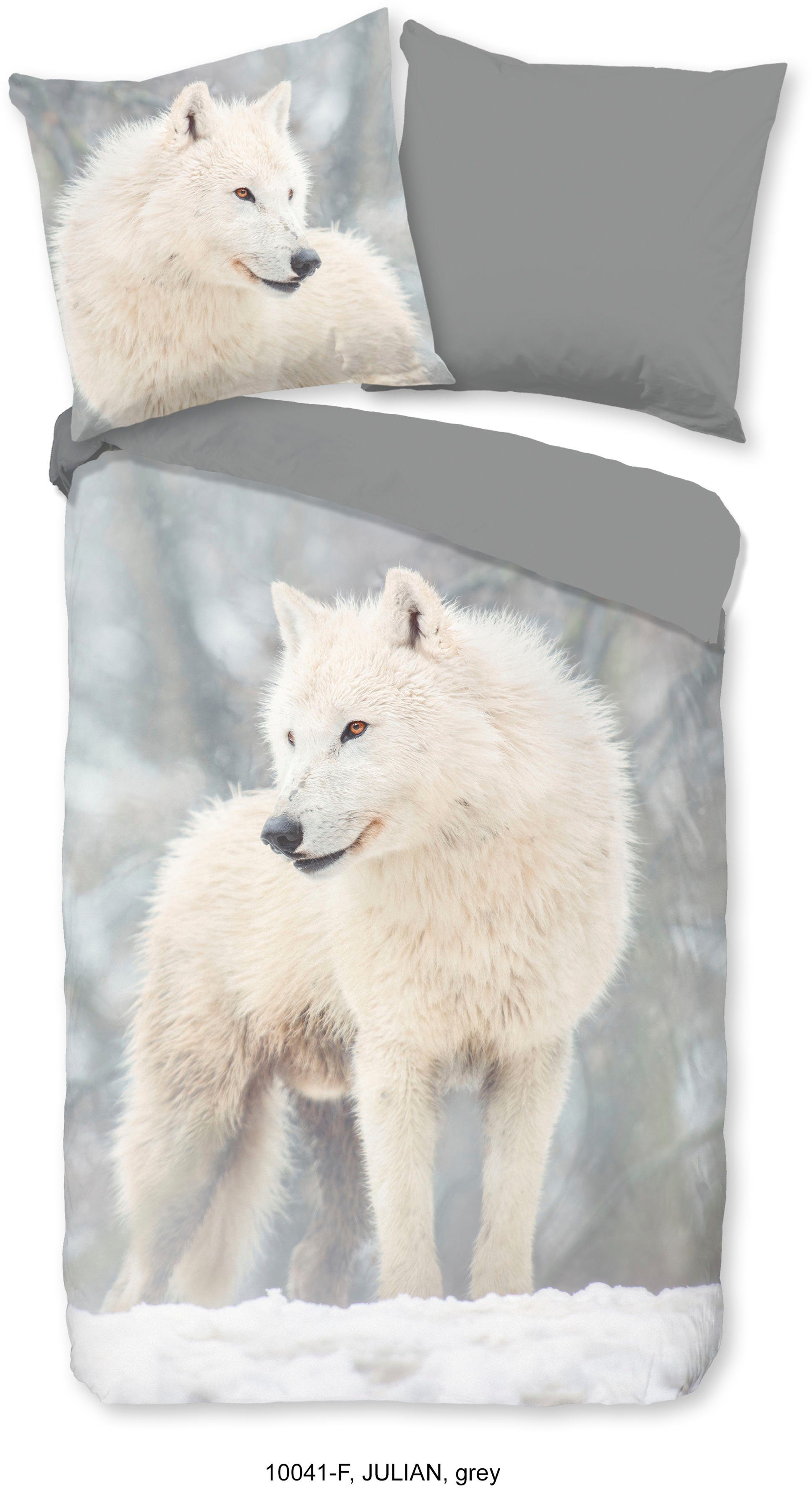 good morning Wendebettwäsche Julian, Biber, Flanell, 2 teilig, Biber, 135x200, Winter, Warm, Reißverschluss, Wendeoptik, Wolf