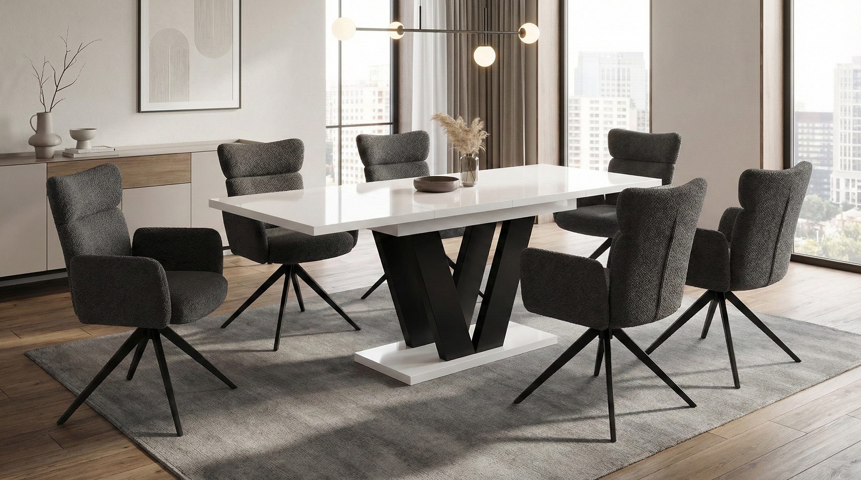 Endo-Moebel Essgruppe Essgruppe mit 6 Bouclé Stühlen und Esstisch Farbauswahl Hochlehner