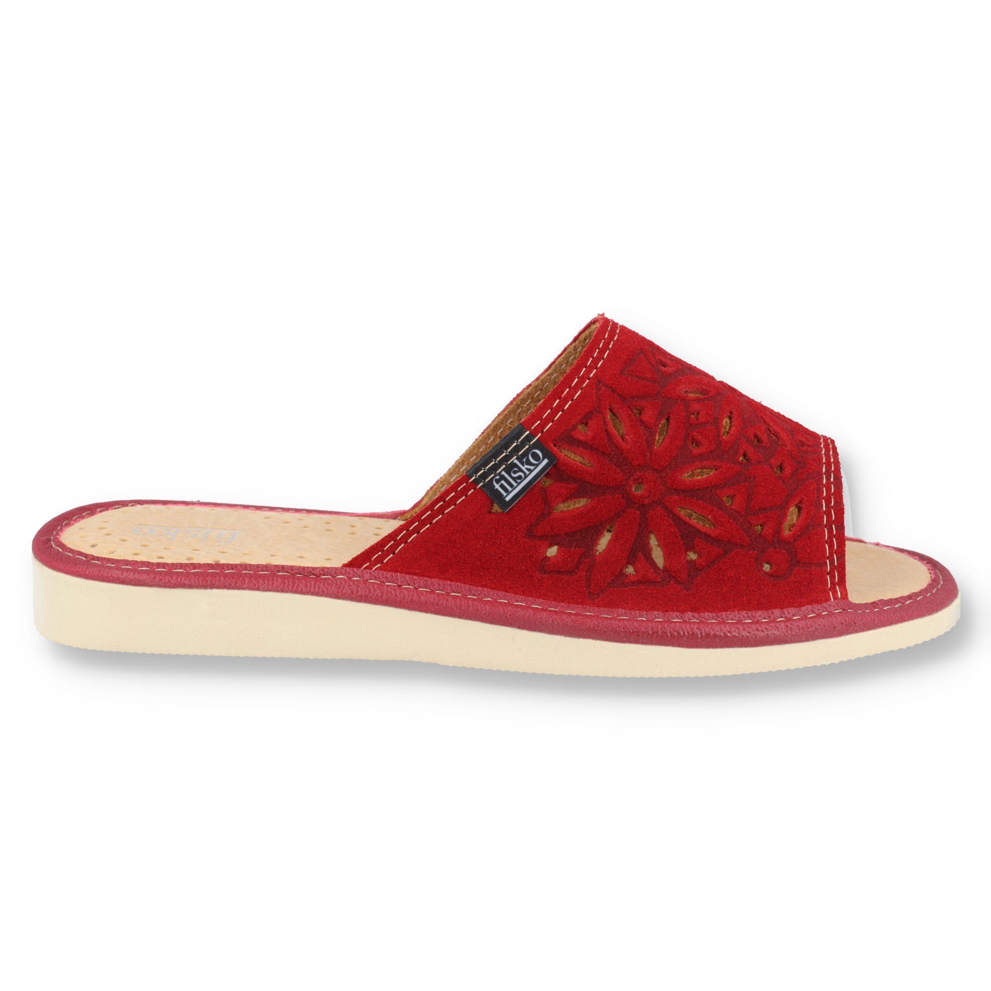 filsko Zafra Damen Hausschuh Veloursleder mit Blumenmuster, offene Pantoletten, Slip-On