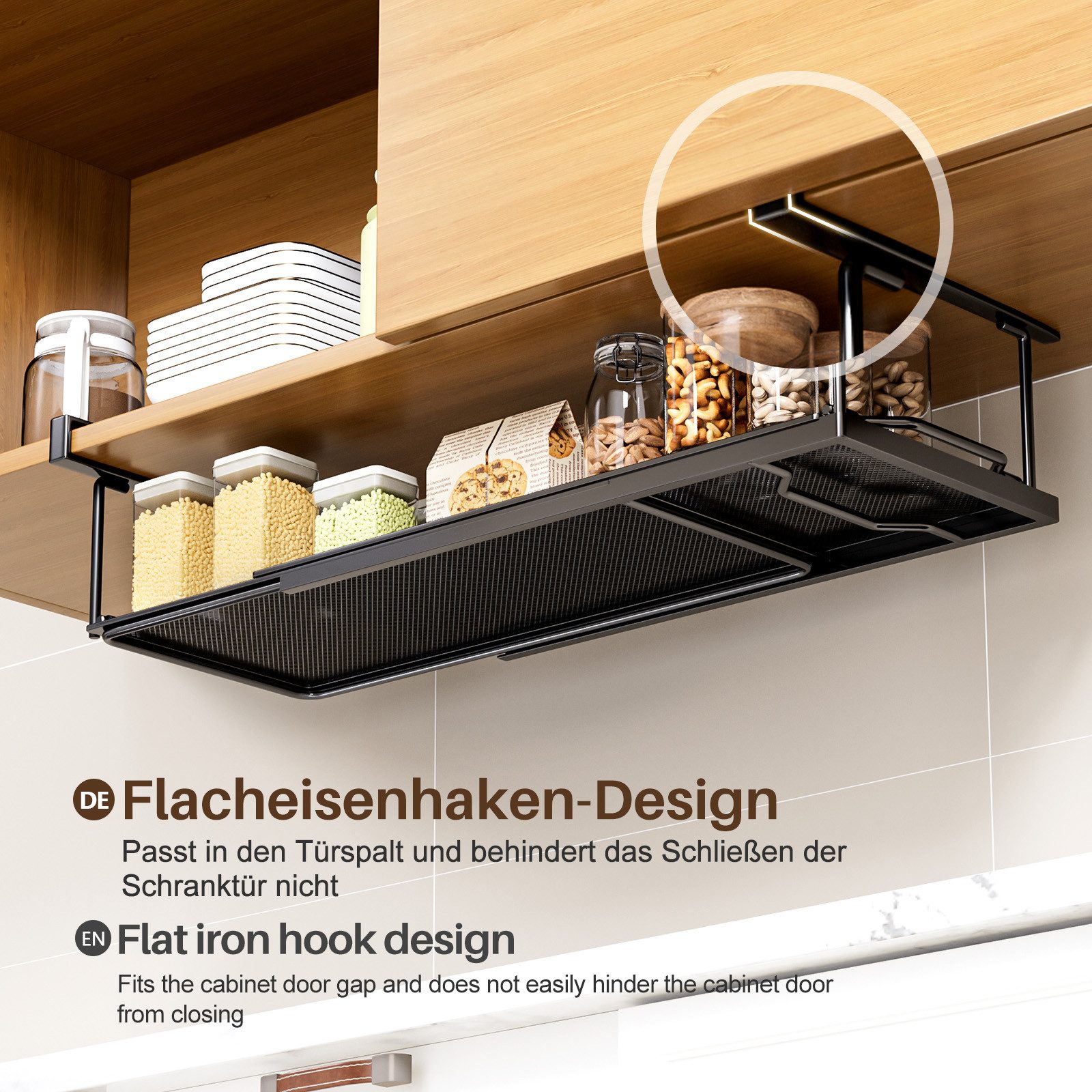 Yorbay Hängekorb Multifunktional Unterregal Hängekorb, Verstellbarer 38-70 cm, zusätzlicher Stauraum ohne Bohren, Schwarz