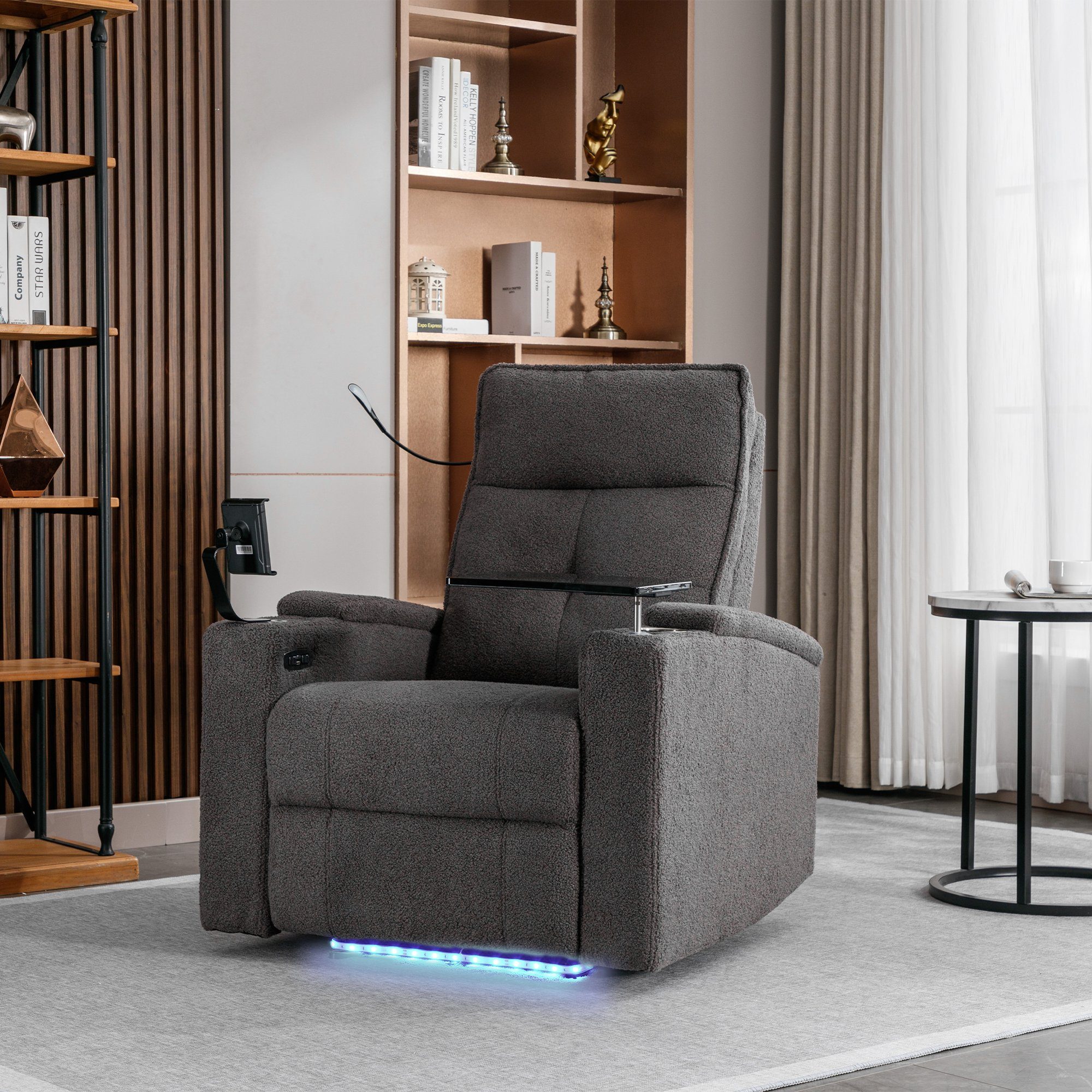 Merax Relaxsessel mit Tabletttisch und Handyhalter, Fernsehsessel, elektrisch mit USB, Bluetooth-Lautsprecher und LED-Beleuchtung