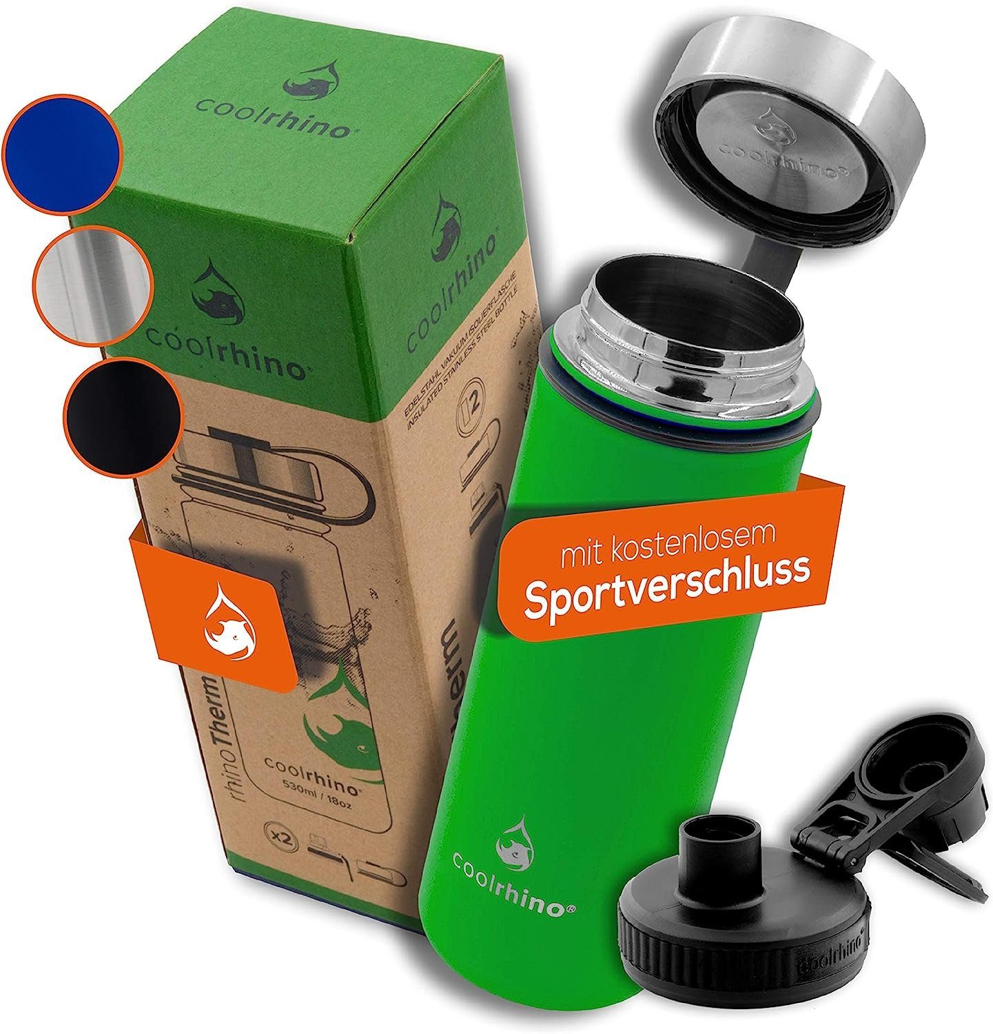 coolrhino Isolierflasche rhinoTherm Edelstahl Trinkflasche 530 ml / 950 ml, Kohlensäure geeignet, BPA-frei Thermosflasche doppelwandig