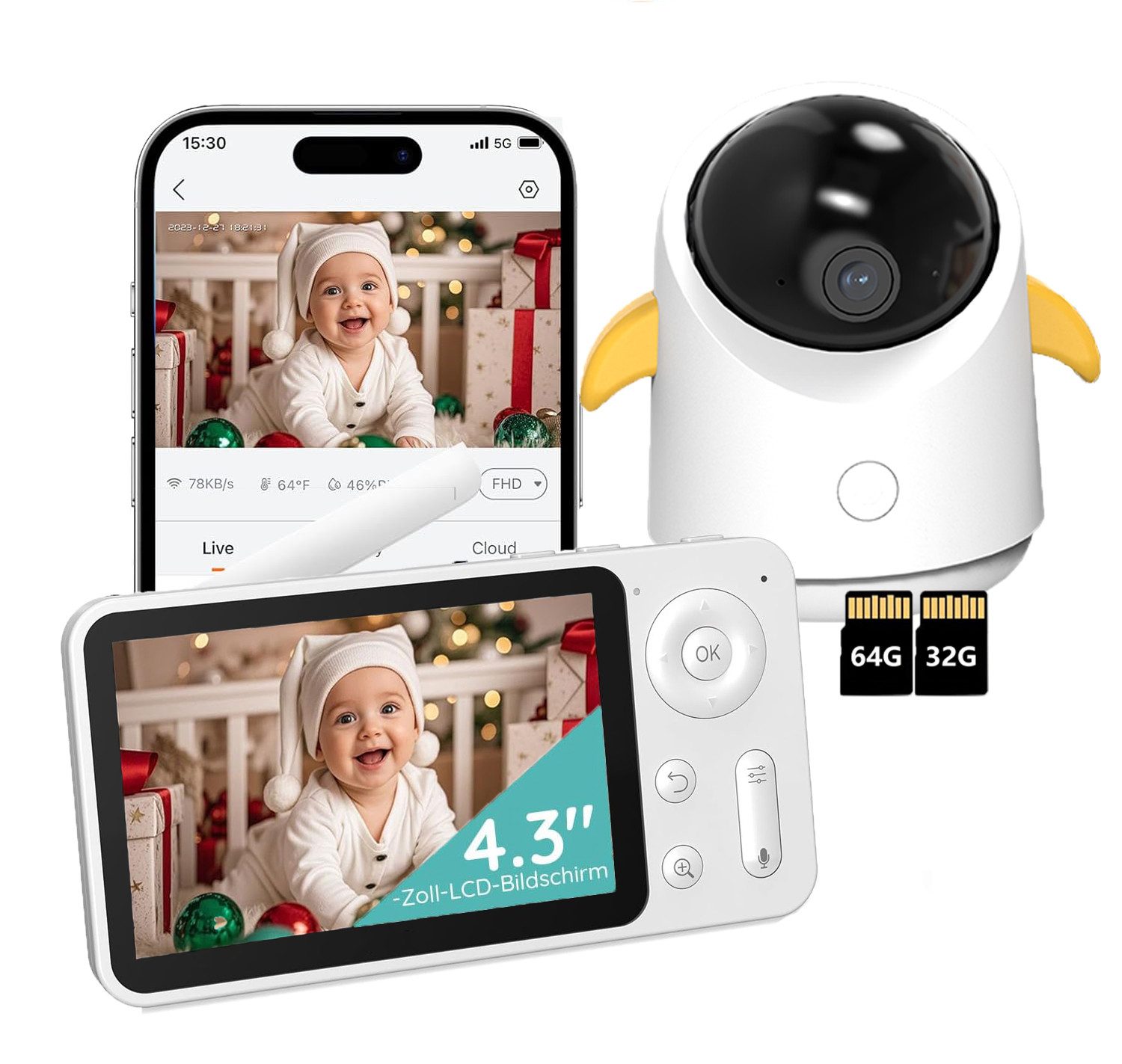 Babyphone 1080P Babyphone mit Kamera und APP 4,3 Zoll mit Speicher Karte