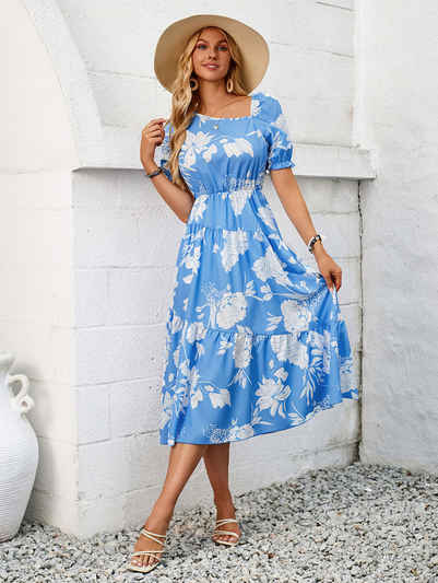 BlauWave Dirndl Modisches Kleid mit schrägem Ausschnitt und Blumendruck (1-tlg., Geeignet für Sommerausflüge) Taillenlanges Kleid