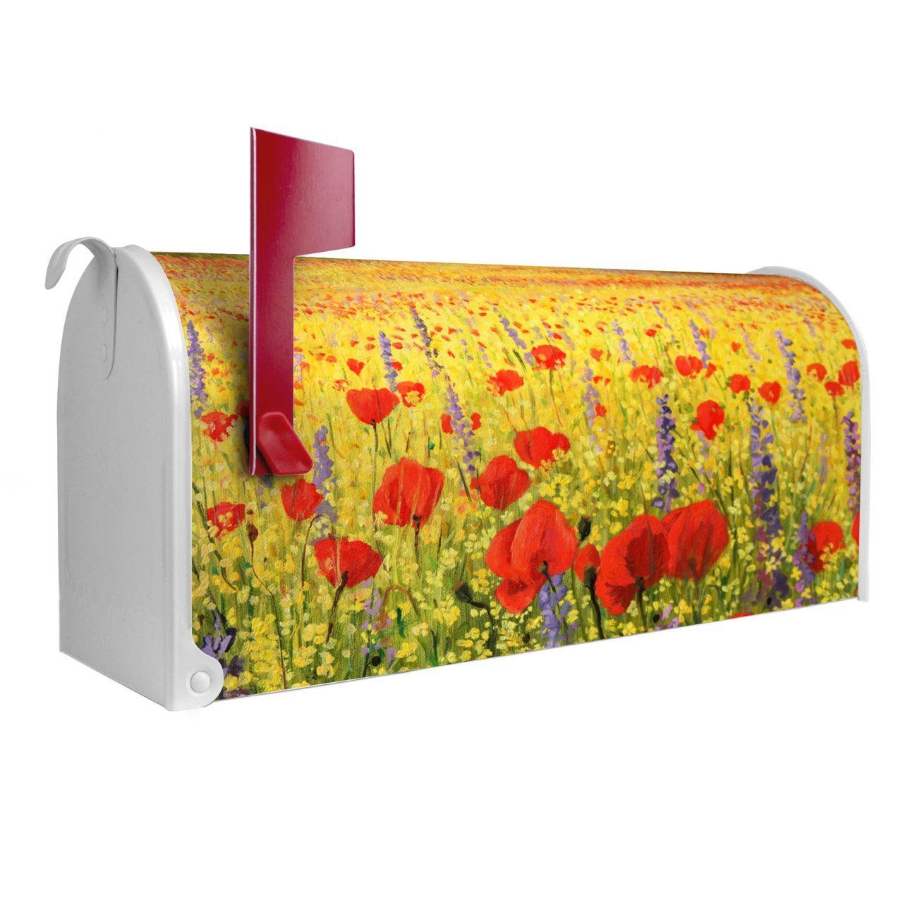 banjado Amerikanischer Briefkasten Mailbox Feld Mit Mohnblumen (Amerikanischer Briefkasten, original aus Mississippi USA), 22 x 17 x 51 cm weiß