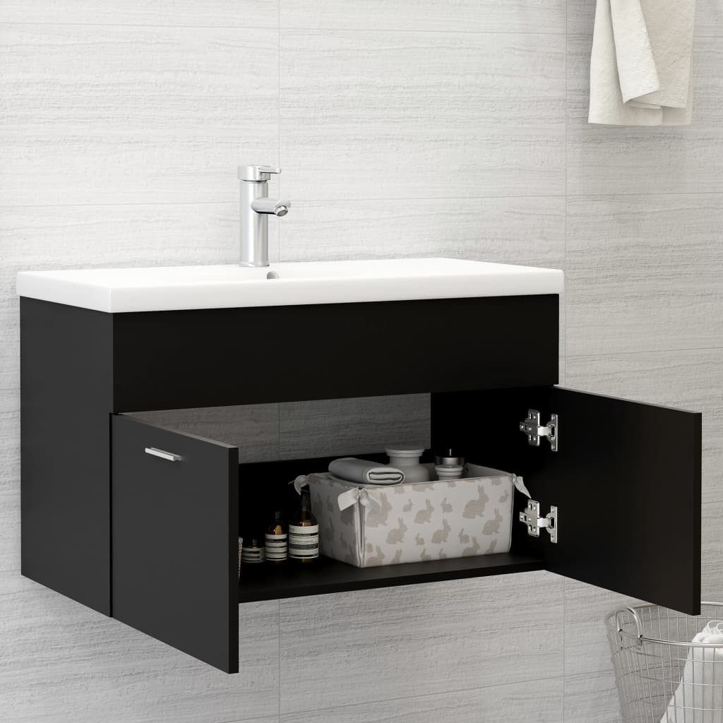 vidaXL Badezimmer-Set Waschbeckenunterschrank Schwarz 80x38,5x46 cm Holzwer günstig online kaufen
