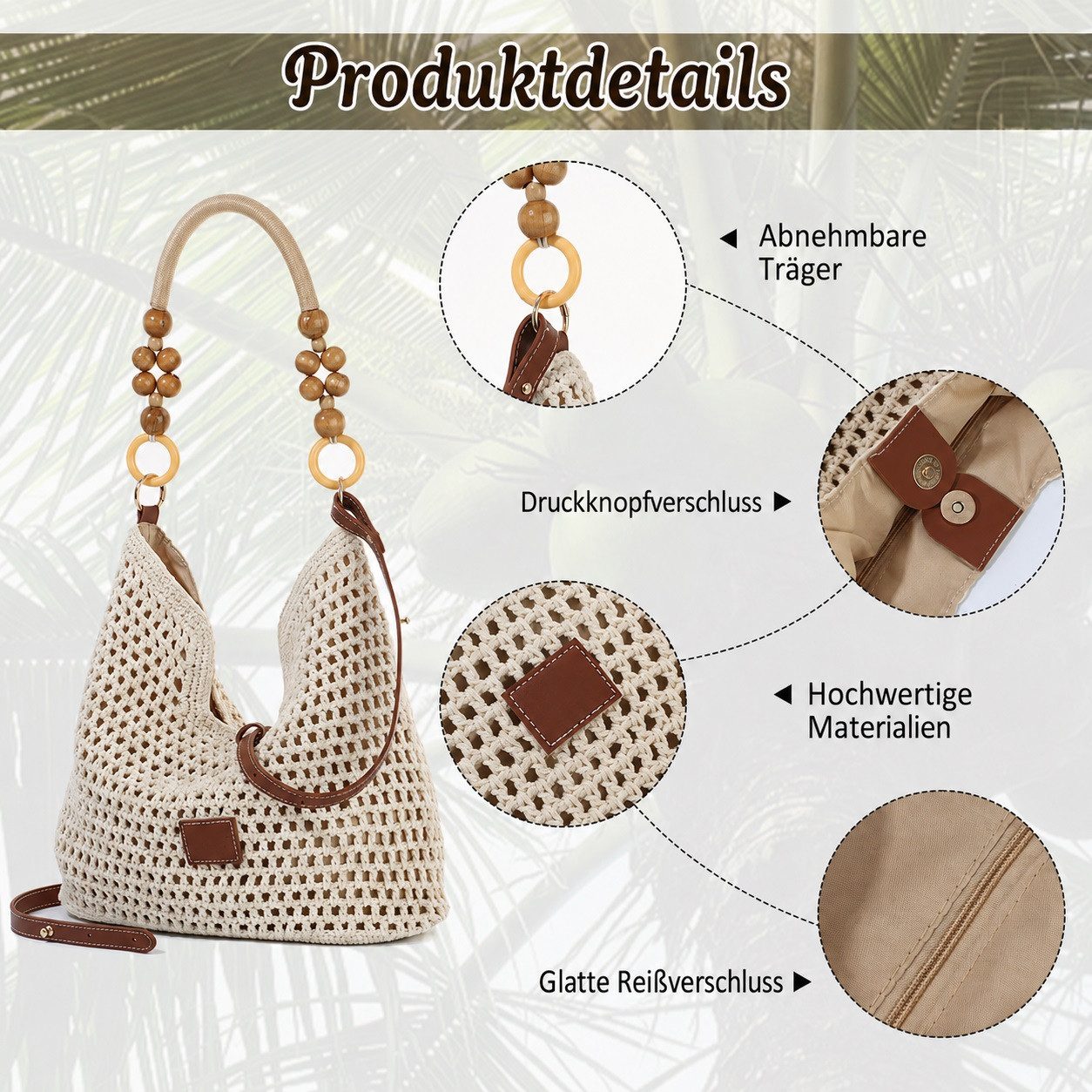 MOPUEA Strandtasche Damen Boho Straw Beach Bag Gehäkelte Baumwoll-Strick -Tragetasche (Schultertasche, Umhängetasche, Sommer, Strand, 1-tlg., Casual Groß Häkeltasche mit Leder Riemen für Urlaub Stadt Reisen), Tragegriff oben für Reisen, Einkaufen