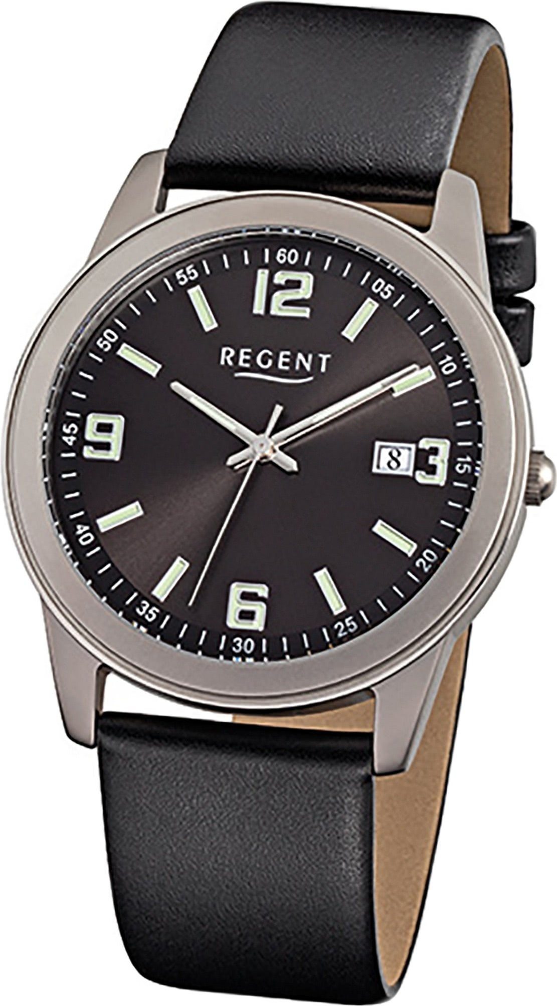 Regent Quarzuhr Regent Leder Herren Uhr F-845 Quarzuhr, Herrenuhr mit Lederarmband, rundes Gehäuse, mittel (ca. 38mm), Elegant