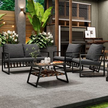 Fangqi Gartenlounge-Set Vierteilige Outdoor-Sofagarnitur, Viersitzer, Couchtisch,schwarz, Tischplatte aus gehärtetem Glas, abnehmbare und waschbare Sitzkissen
