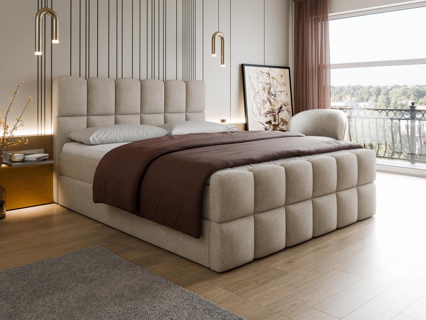 Compleo Boxspringbett "ARIA" Kontinentalbett im Wolkenbett-Design (von 120 bis 200x200 cm), gepolstertes Doppelbett mit hohem Kopfteil, Bonell H3