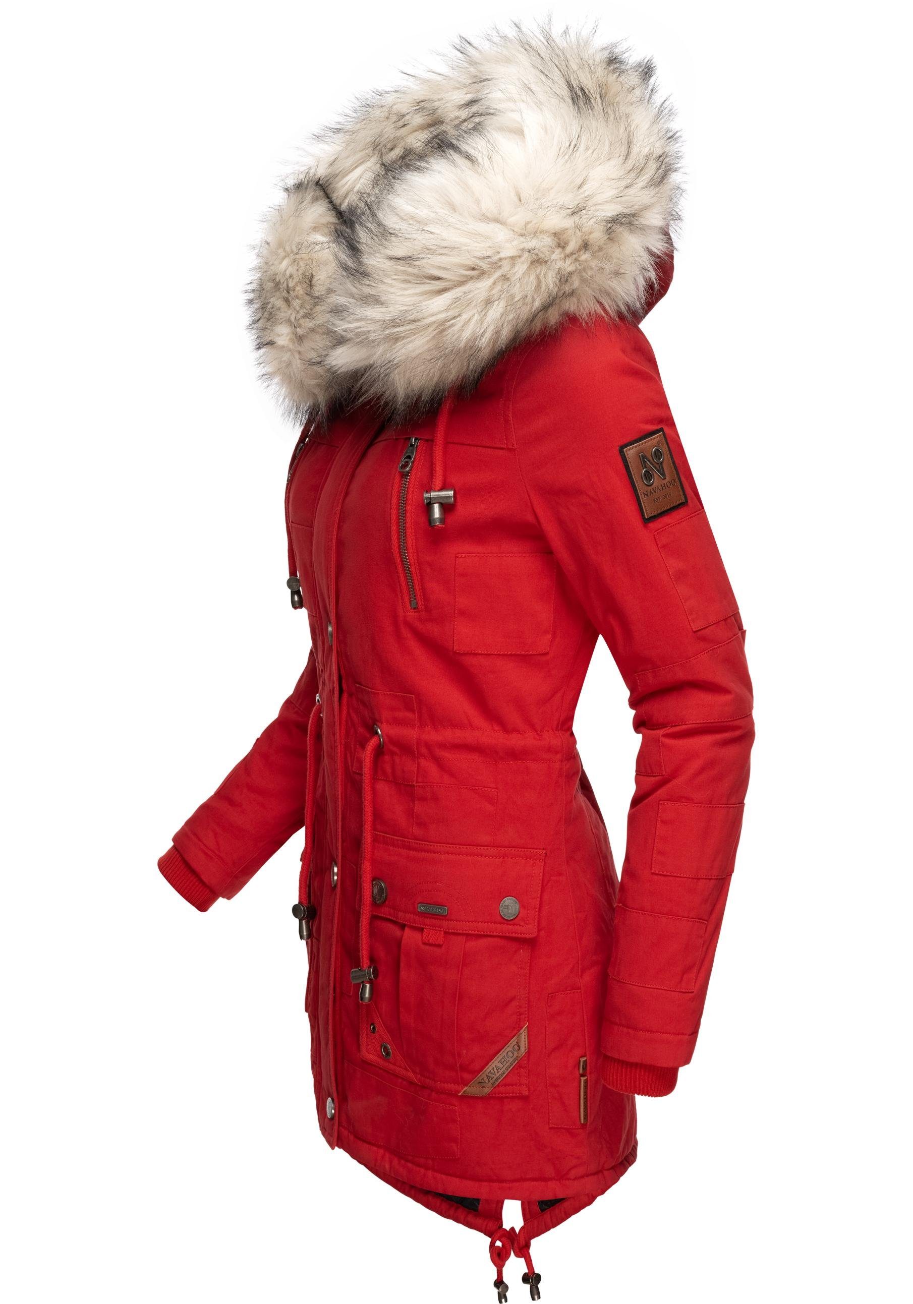 Navahoo Wintermantel Honigfee Baumwollparka mit stylischer Kunstfell-Kapuze rot