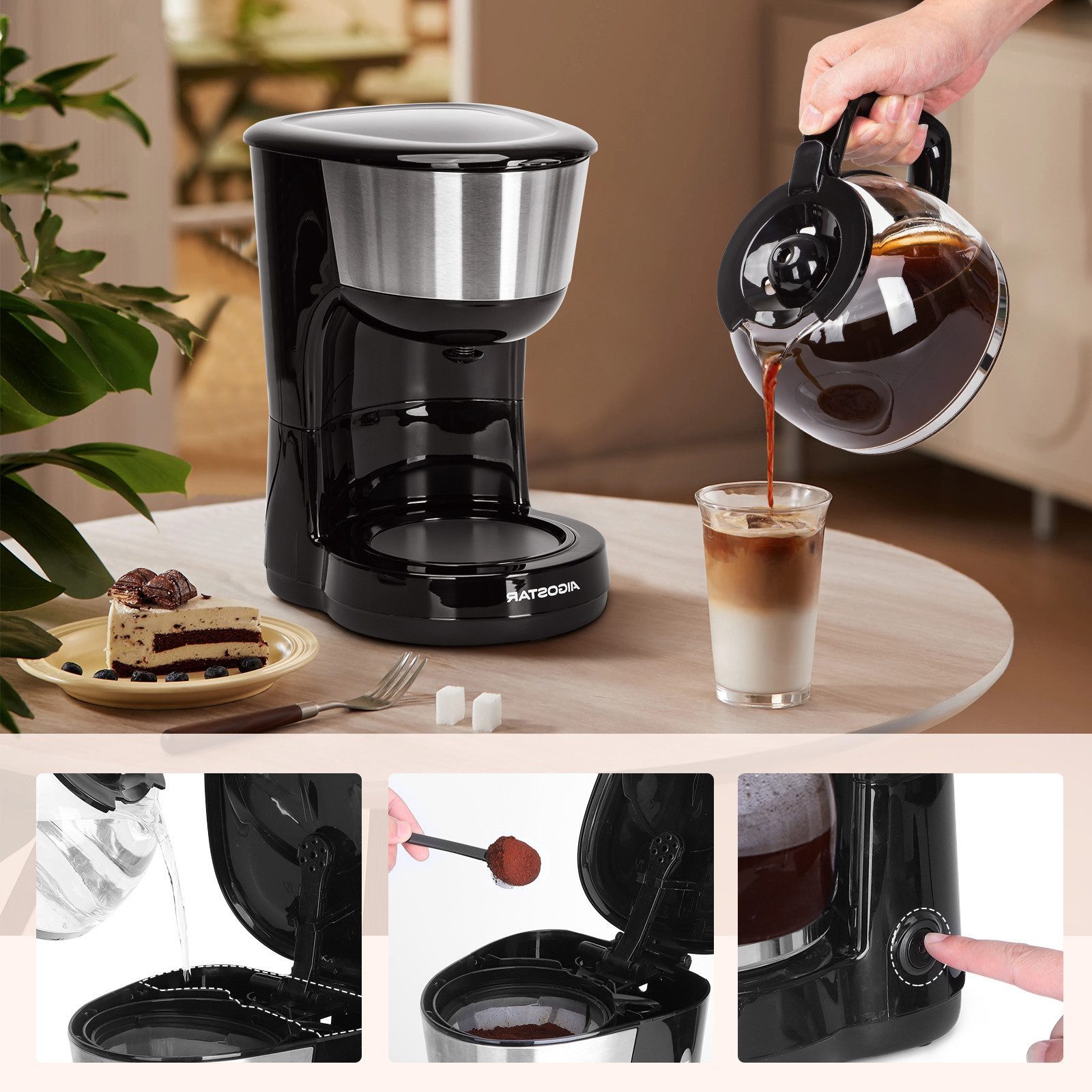 Aigostar Frühstücks-Set Kaffeemaschine 1,25L, 1000W/Toaster mit 2 Breite Toastschlitze, 750W, Warmhalteplatte, Abschaltautomatik, Tropf-Stopp – Bild 5 von 5