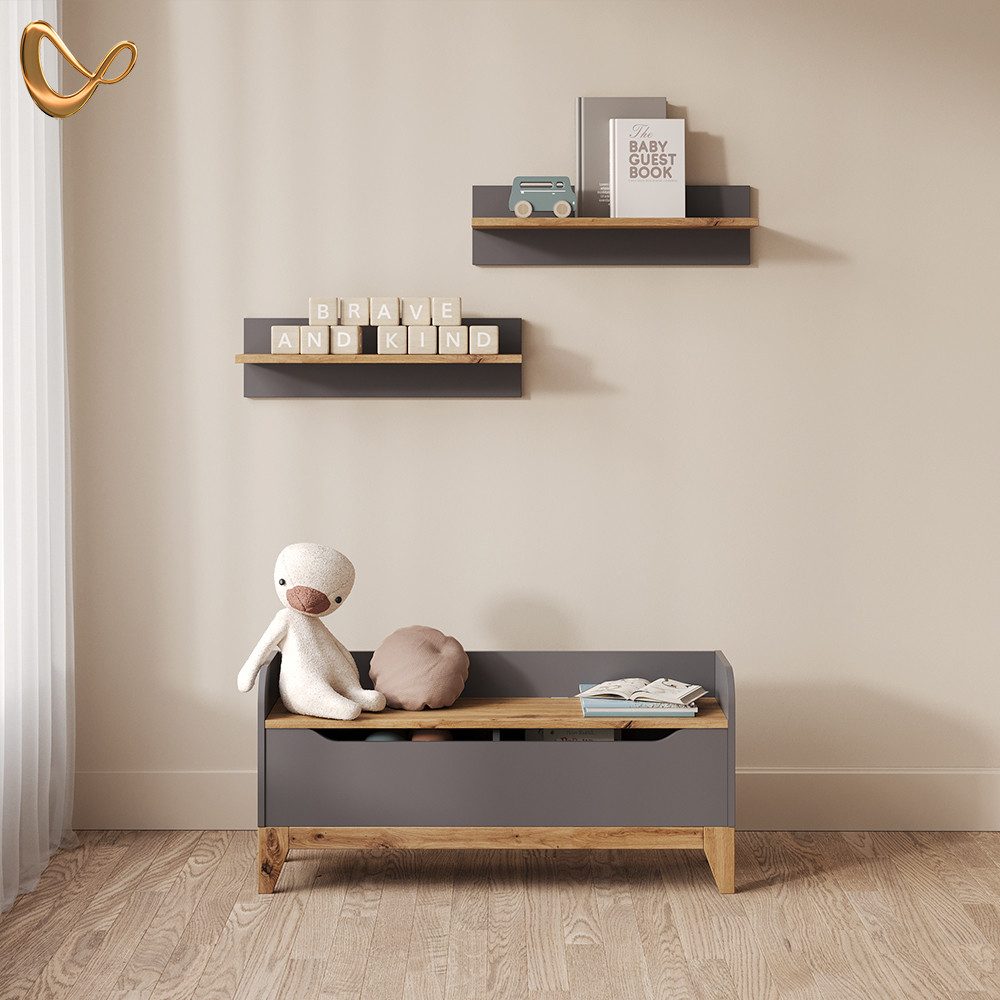 Livinity® Bücherregal Malia, Grau/Artisan/Artisan, 107.2 x 50 cm mit Sitzbank, 1-tlg.