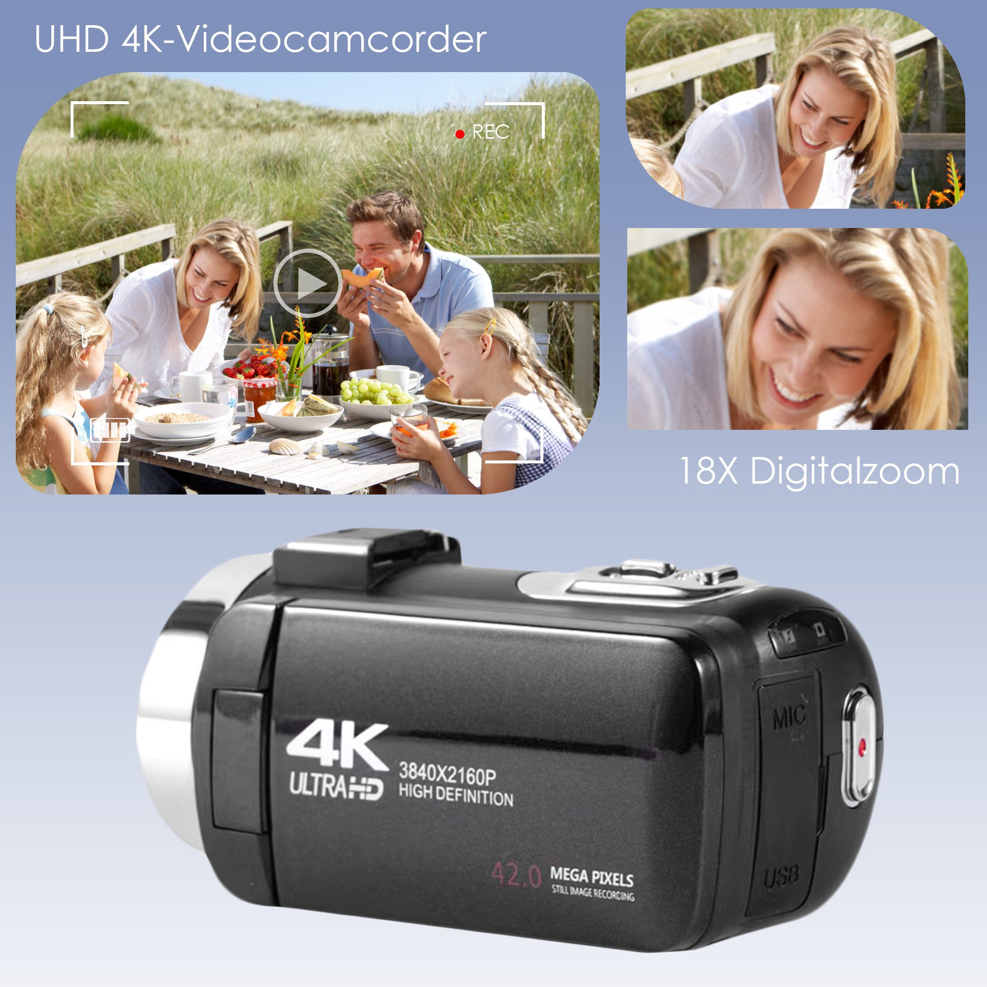Fine Life Pro HD Camcorder mit 42MP Foto, 32GB Card, 3" HD-Display, 18X Digitalzoom Videokamera (externes Mikrofon & 90 Min. Aufnahmezeit –, Einsteigerfreundlic – Bild 4 von 5