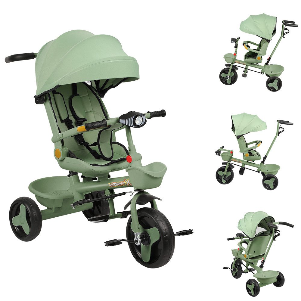 JEOBEST Dreirad Kinderdreirad mit Schubstange Baby Kinderwagen, Drehbarer Sitz, Verdeck mit Sonnenschutz,Getränkehalter Korb
