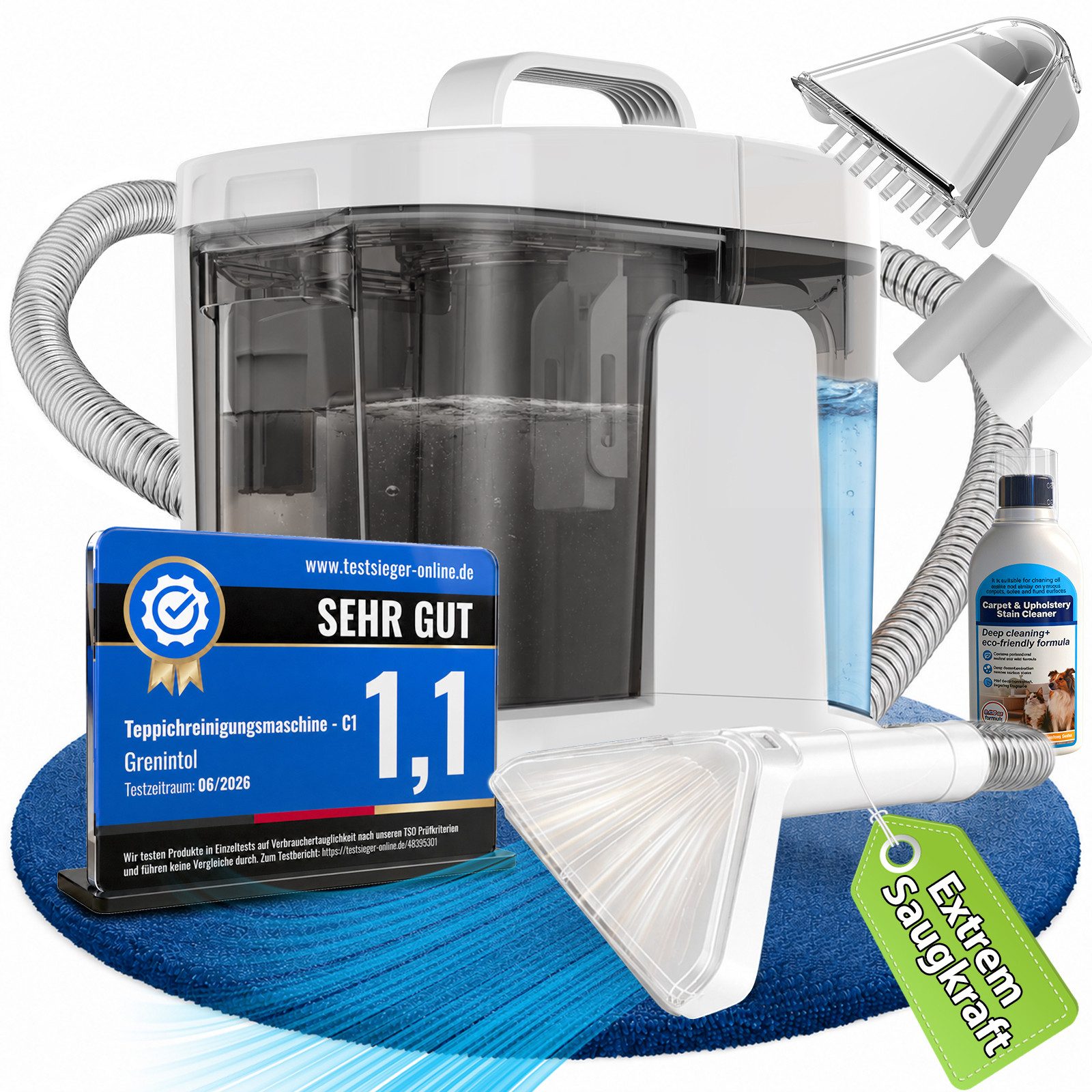 Grenintol Teppichreinigungsgerät 25kPA Waschsauger,Teppichreiniger,Tragbarerer Polsterreiniger Gerät, 600 W, 1,45 l Frischwassertank + 1,6 l Schmutzwassertank, tragbarer Nasssauger & Fleckenreiniger mit 2‑Tank‑System, reinigt gründlich Polster, Teppiche,