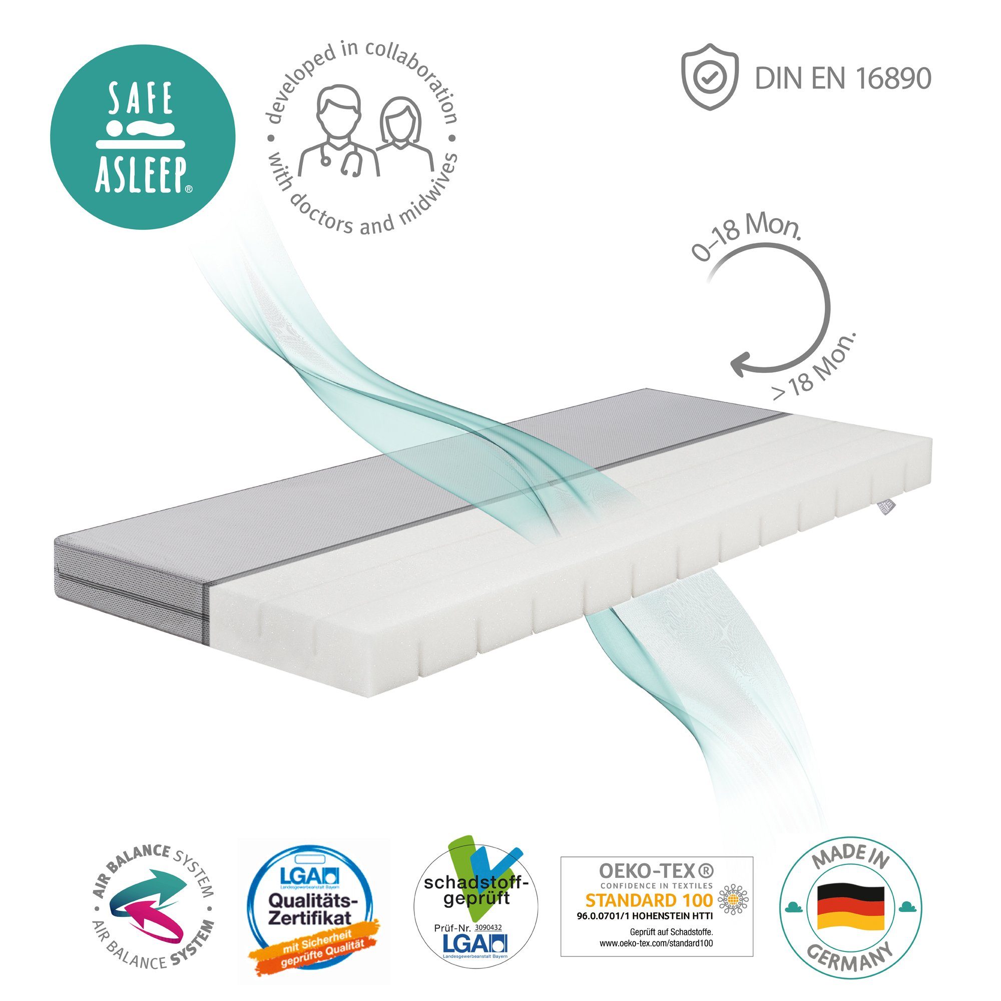 hoch, Babymatratze safe cm - roba®, 5.5 Balance, für asleep® optimales Schlafklima Babybettmatratze, Air