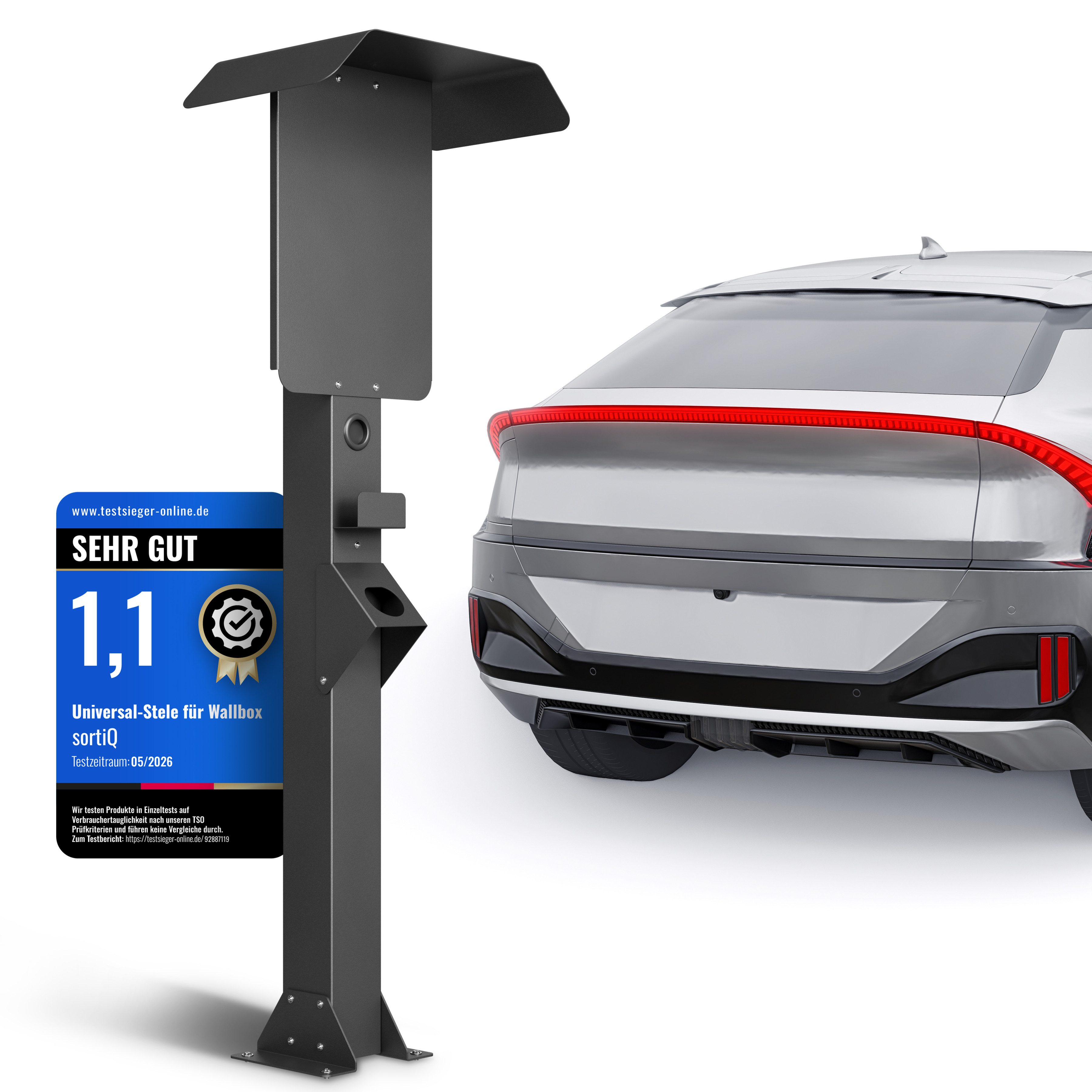 sortiQ Elektroauto-Ladestation-Halterung Wallbox-Stele, Außenbereich Wallbox-Standfuß, (Freistehende Wallboxhalterung mit Überdachung, Wetterschutz)
