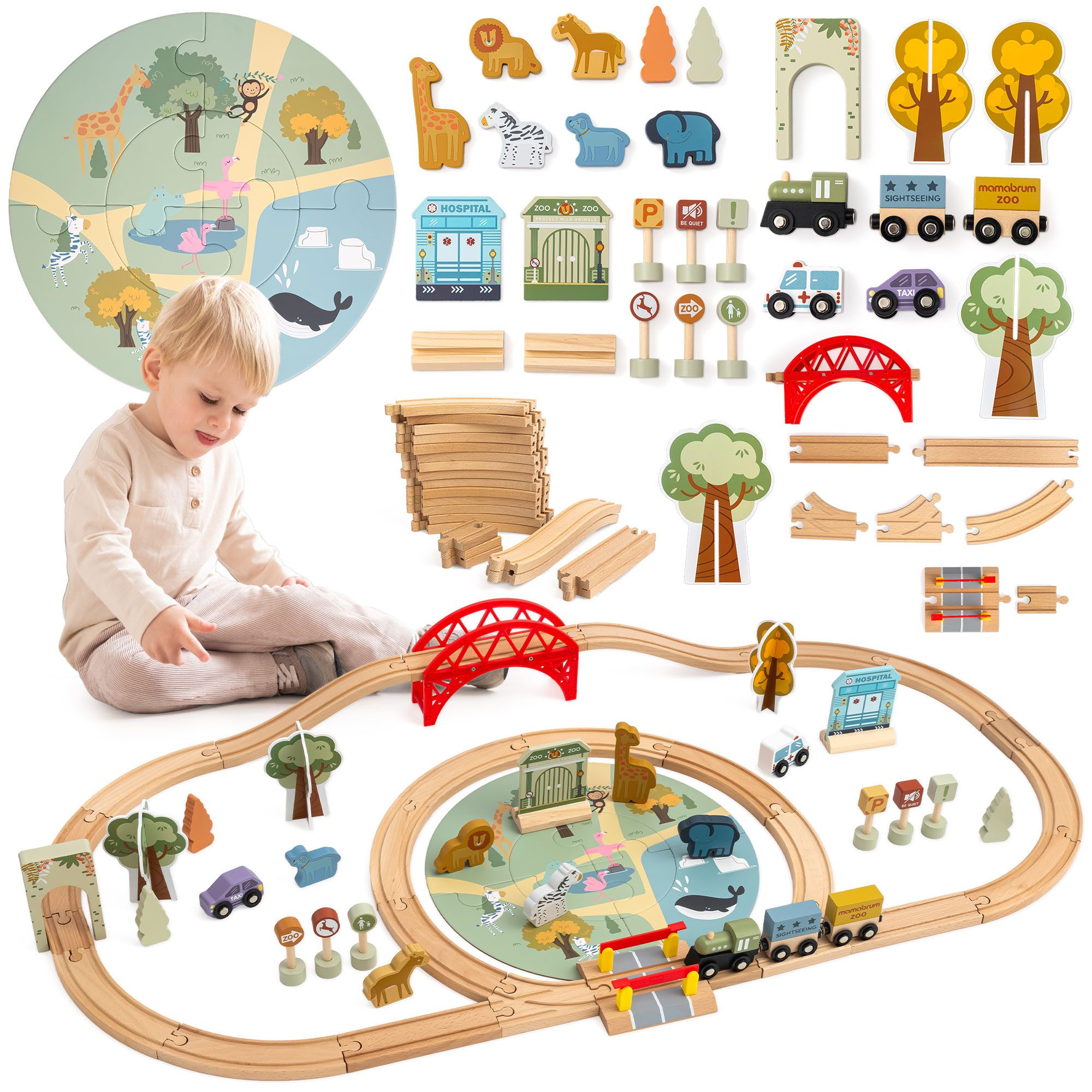 Mamabrum Spielzeug-Eisenbahn Holz-Zoo-Eisenbahnset – Puzzle-Matte, Tiere, Brücke & Schranke