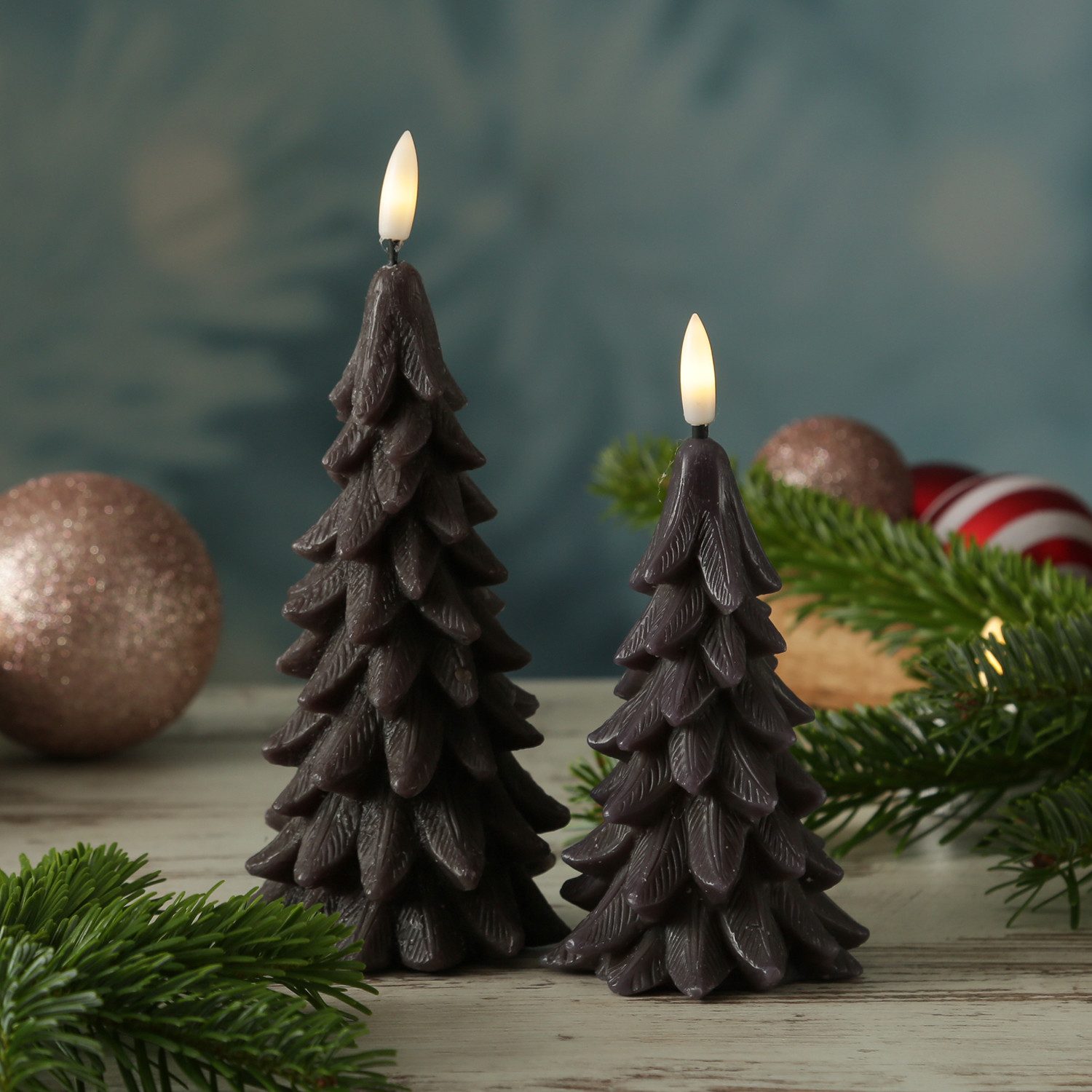 MARELIDA LED-Kerze Tannenbaum Weihnachtsbaum Baumform Echtwachs H: 19cm Timer grau, LED Classic, warmweiß (2100K bis 3000K)