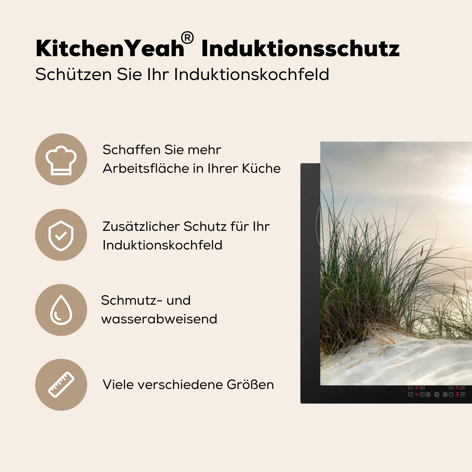 Sonne, die 81x52 Sand Vinyl, Herdblende-/Abdeckplatte für Gras - - cm, MuchoWow (1 Schutz Induktionskochfeld küche, Ceranfeldabdeckung tlg),