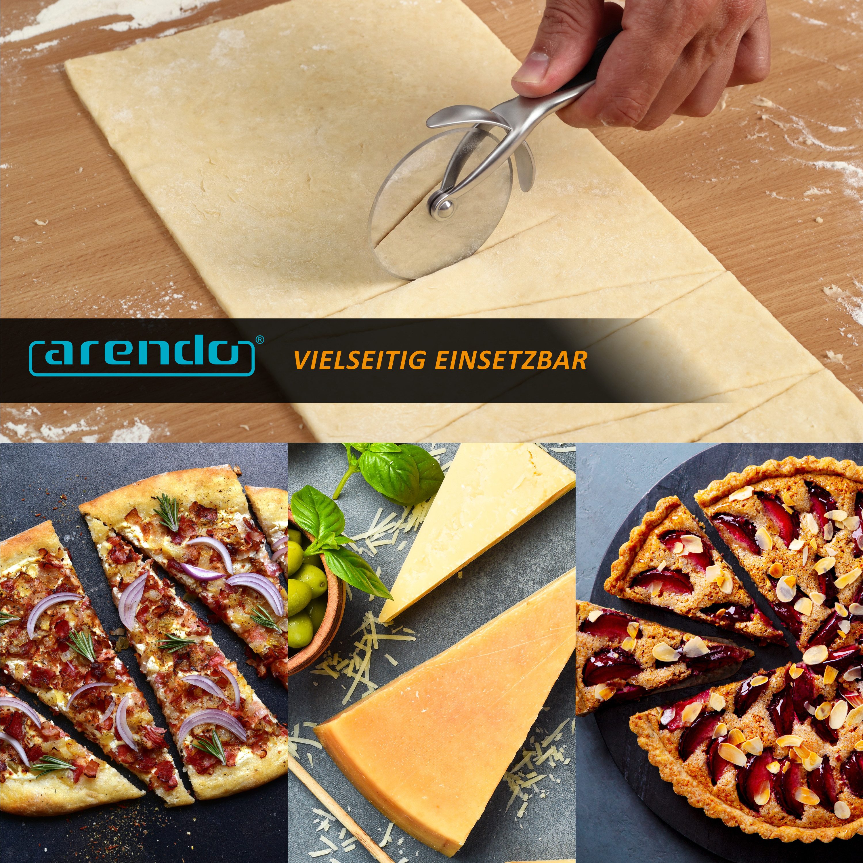 Arendo Pizzaschneider Profi Edelstahl Pizzaroller, scharfe 7cm Klinge, robust & stabil, Rostfrei, spülmaschinengeeignet, ergonomischer Griff, Pizza Cutter – Bild 4 von 5