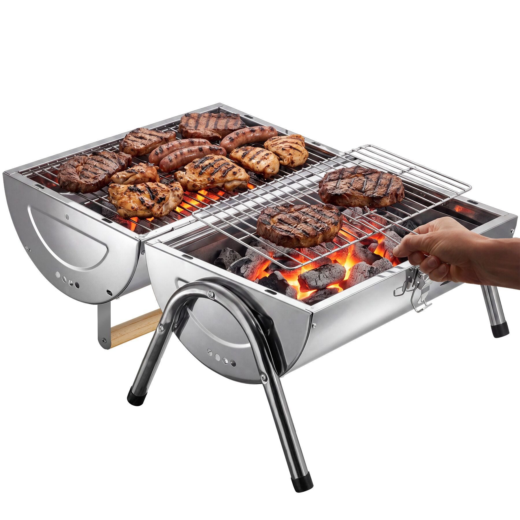 tectake Holzkohlegrill Wetterfester Grill aus Edelstahl mit Doppel-Grillfläche, Kohlewannen, Outdoorgrill, in Schwarz, Inkl. 2 Grillrostheber, schnelle Montage, geringes Gewicht
