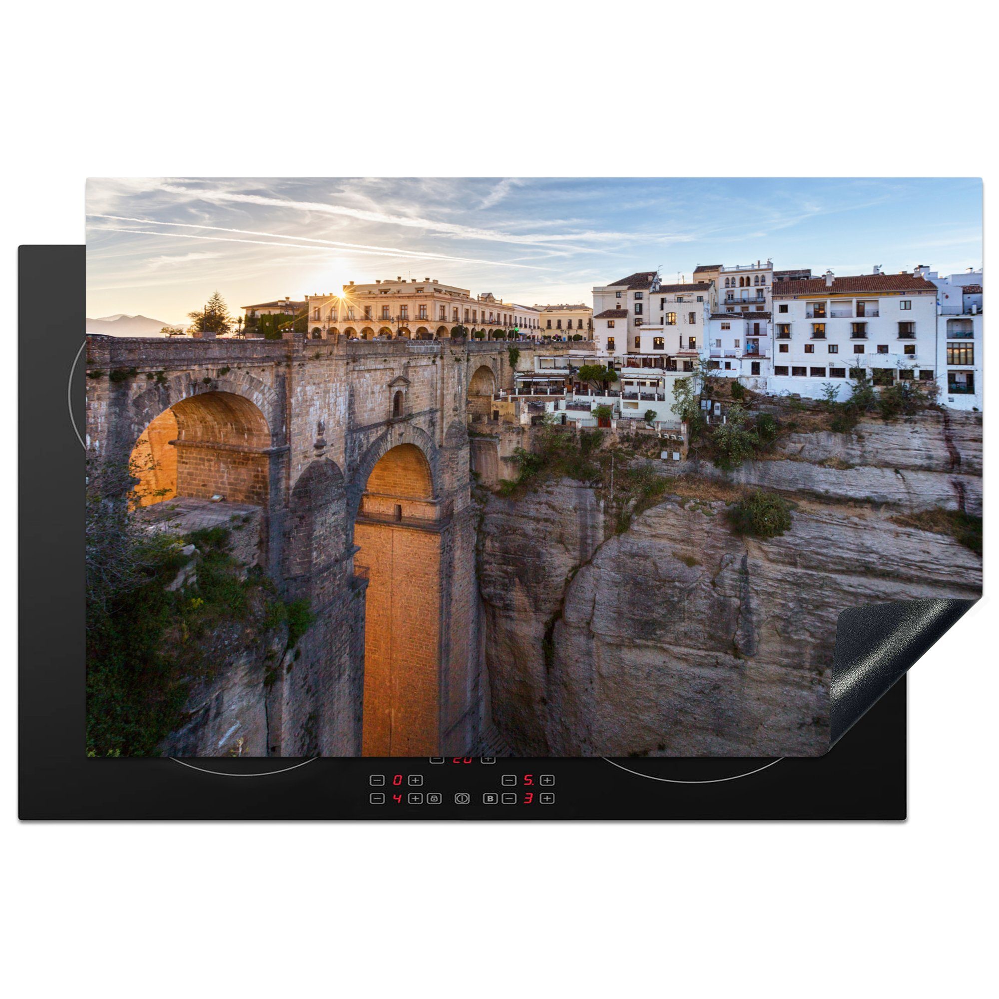 MuchoWow Herdblende-/Abdeckplatte Die Bogenbrücke von Ronda Spanien, Vinyl, (1 tlg), 81x52 cm, Induktionskochfeld Schutz für die küche, Ceranfeldabdeckung
