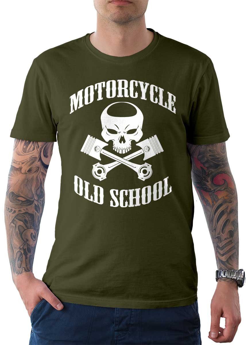 Rebel Motiv Herren Wheels Biker On T-Shirt / Tee Oldschool Motorrad Oliv mit Punisher T-Shirt