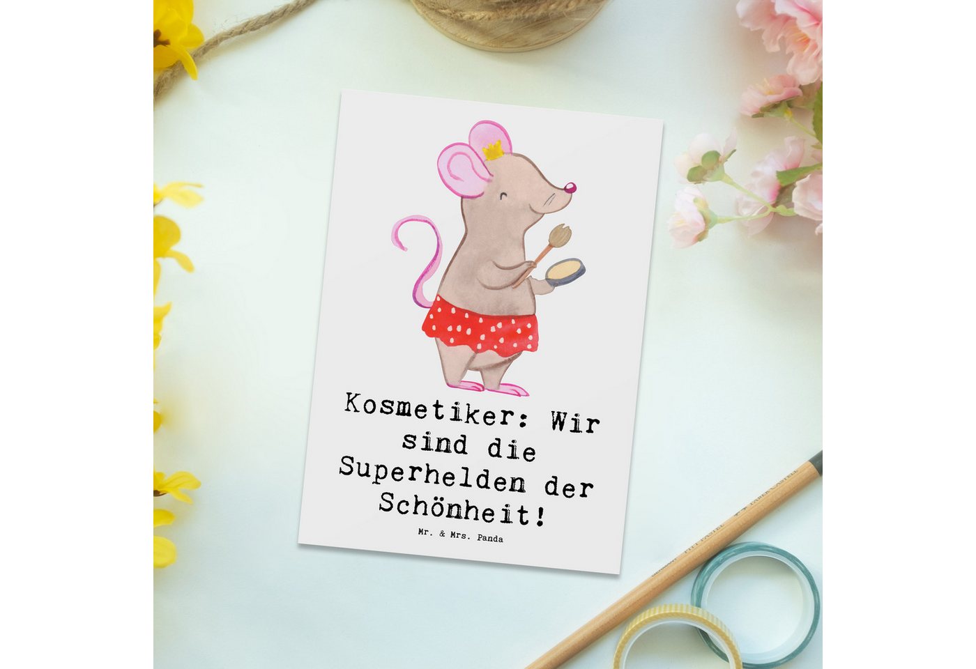 Thumbnail - Mr. & Mrs. Panda Postkarte Kosmetiker: Wir sind die Superhelden der Schönheit! - Weiß - Geschenk