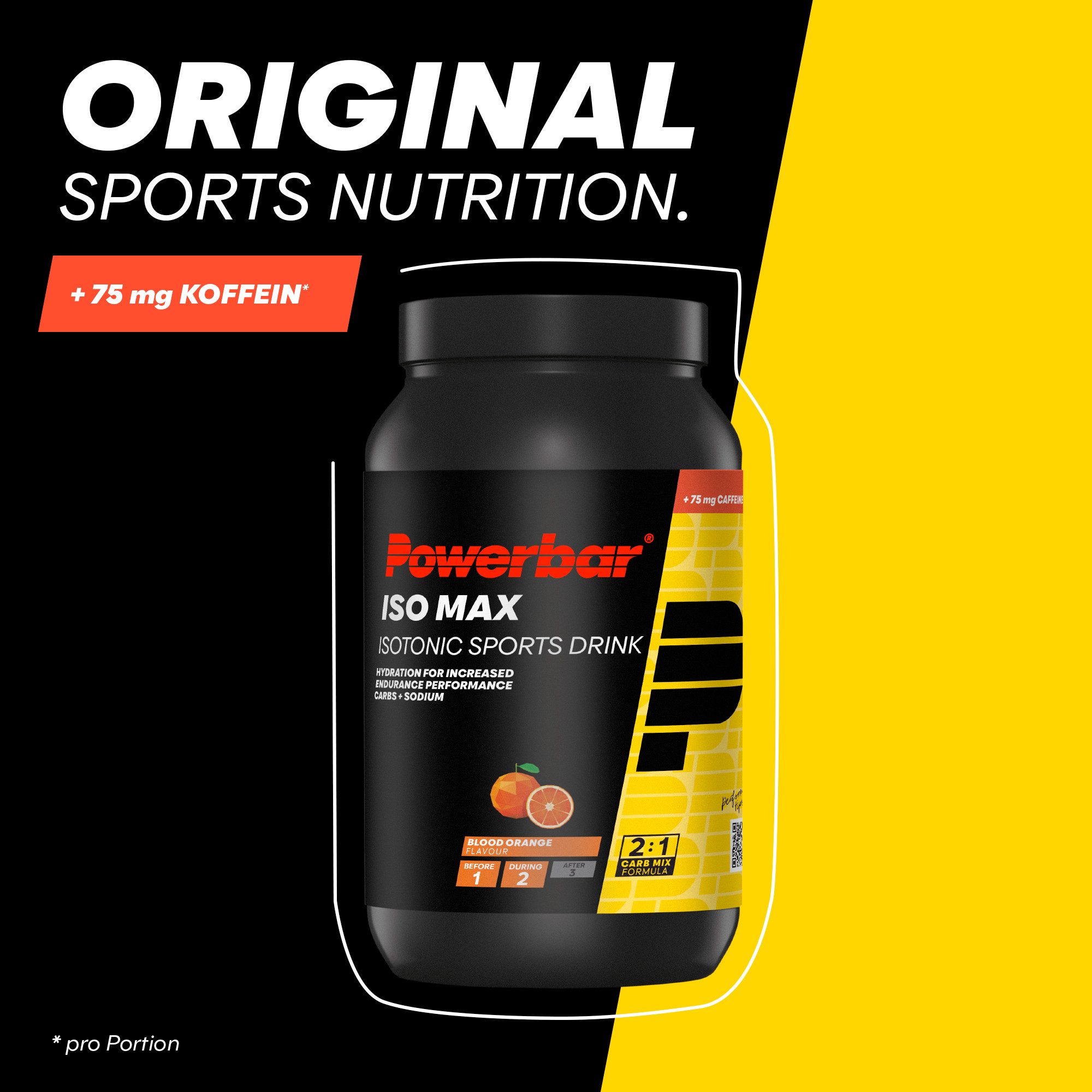PowerBar IsoMax Blood Orange 1200g Isotonisches Getränkepulver + 75mg Koffein Pulver, 1 er Dose à 1 St., 1200 g, Kohlenhydrate / Glukose- und Fruktose-Quellen 2:1