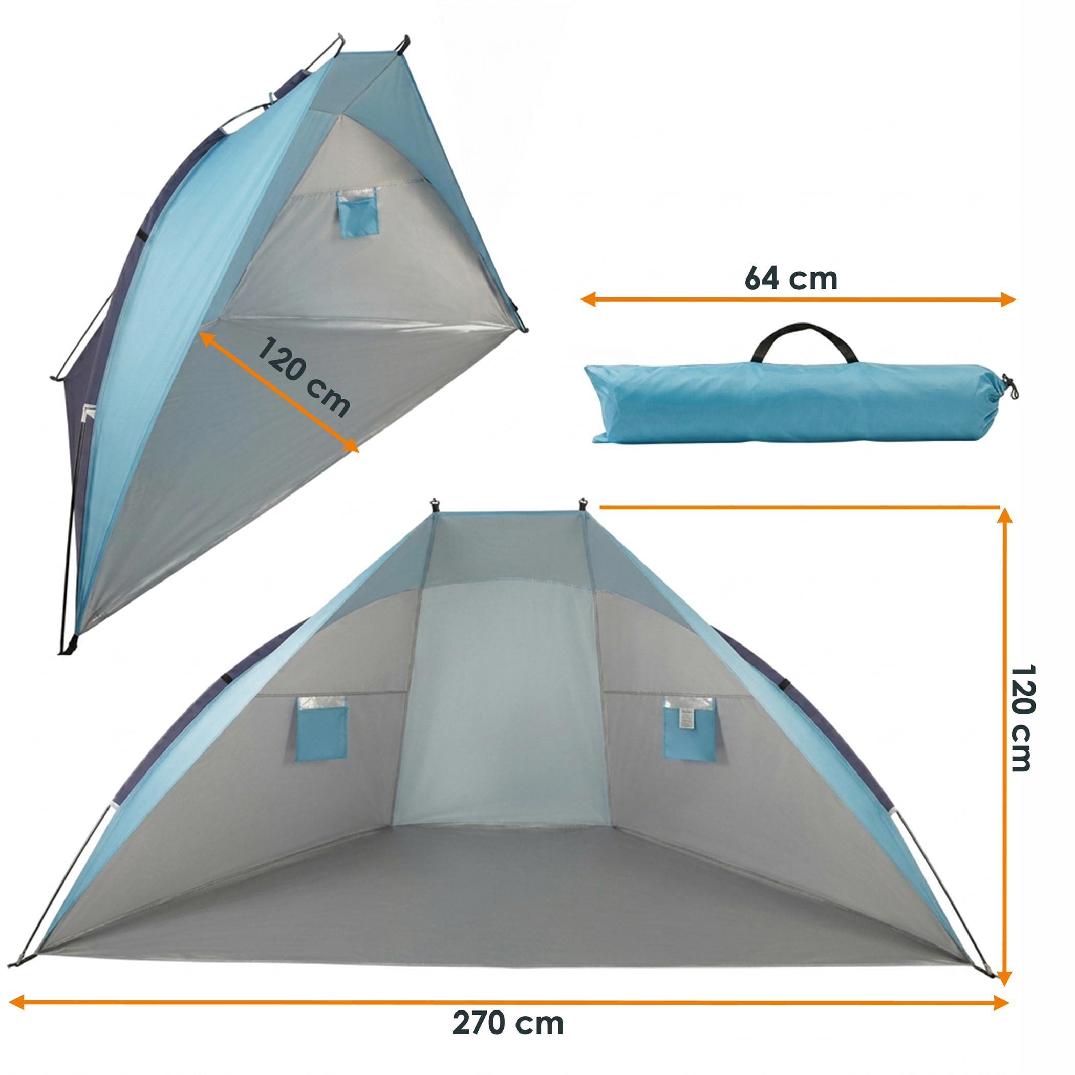 Spetebo Strandmuschel Pop Up Strandzelt blau mit Tragetasche und Heringen - 270 x 120 cm, (Anzahl, 1 tlg., Stück), UV 50+ Sonnenschutz