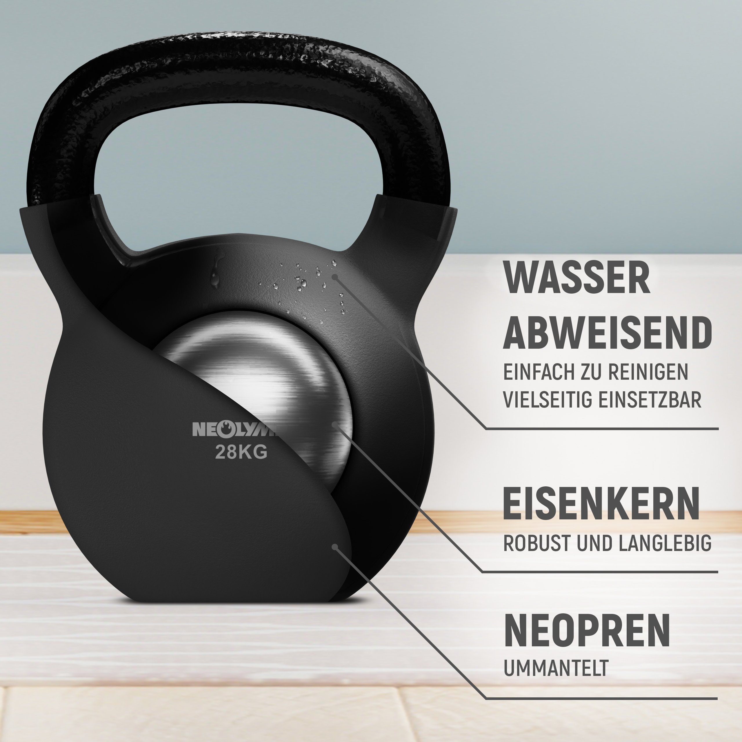 Kugelhantel, 2-28 wasserabweisend, und kg, Kettlebell phthalat- bleifrei Neoprenummantelung, bodenschonend, Stahlkern, Kettlebell, Schwarz KB210 Neopren NEOLYMP