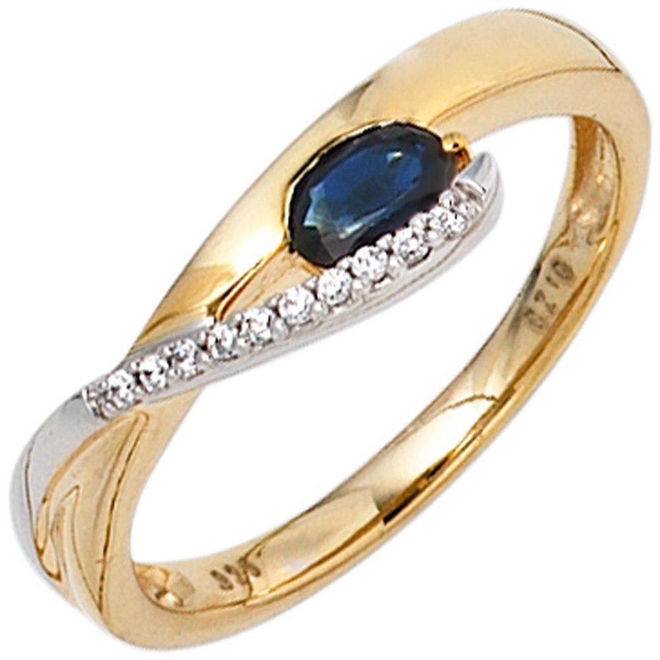 Schmuck Krone Fingerring Ring Damenring Safir Saphir blau & 10 Zirkonia 333  Gold Gelbgold, Gold 333