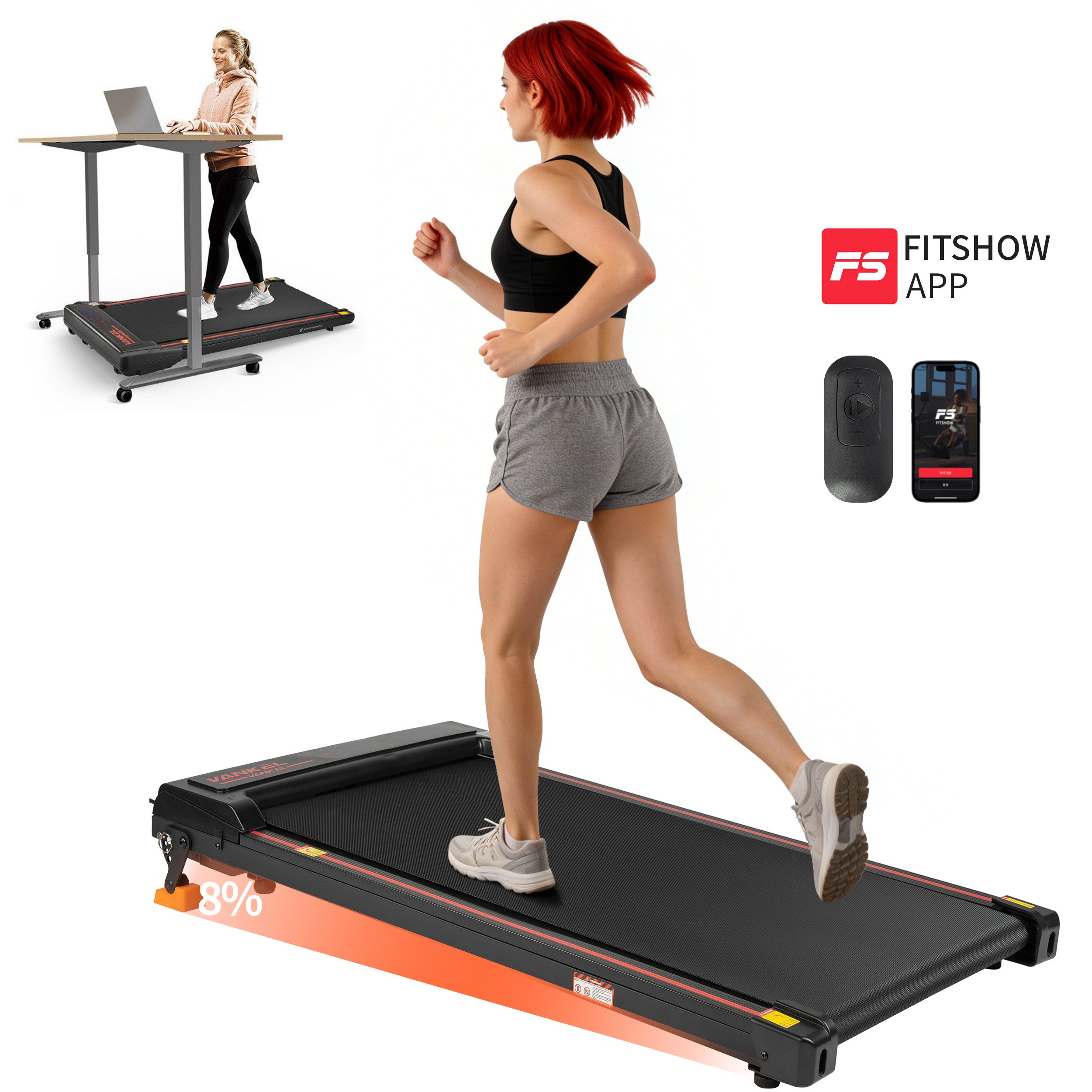 Vankel Laufband klappbar für zur hause, mit 8% Steigung, 1-12 km/h (mit App, Bluetooth, WLAN, LED-Display & Fernbedienung), walking pad leise (Noise<45db), max. 6km/h, bis 110kg, kompakt