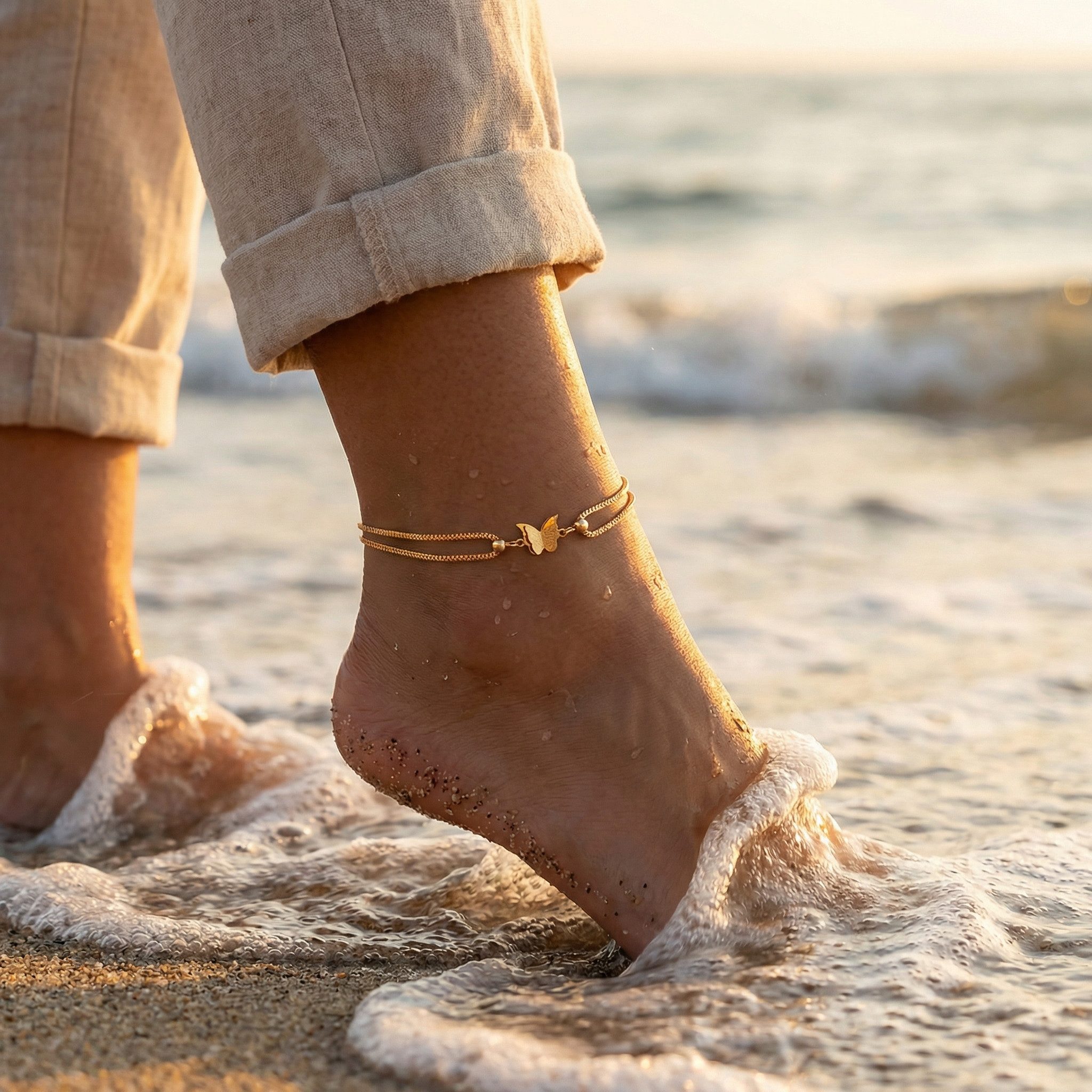 The Beauty House Fußkette mit Anhänger Elegante Fußkette mit Schmetterling – Damen Anklet in Goldoptik