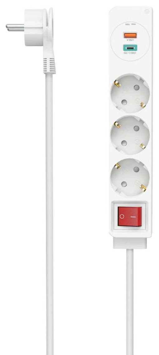 Hama Steckdosenleiste, 3-fach, USB-C/A 18W, PD/QC™, Flachst., 1,4 m Steckdosenleiste 5-fach (Ein- / Ausschalter, USB-Anschlüsse, Schutzkontaktkupplung, Schutzkontaktstecker, Kabellänge 1,4 m), 1 x USB-A, 1 x USB-C