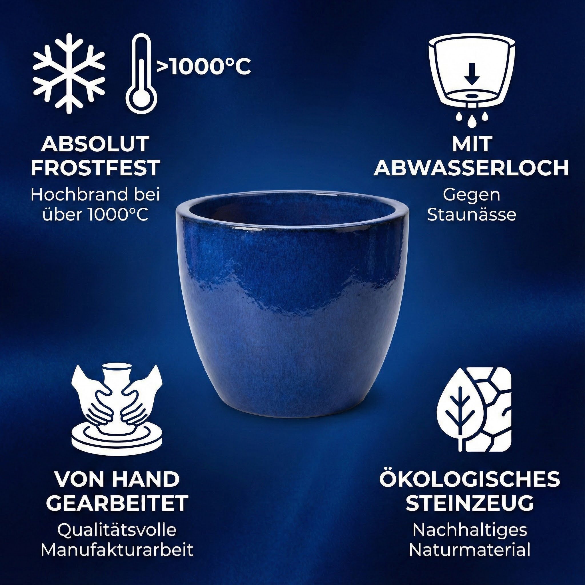 Teramico Blumentopf XXL Pflanztopf Keramik Eggpot Royalblau – Ø 60 x 50 cm (1 St), Frostfest, UV-Fest