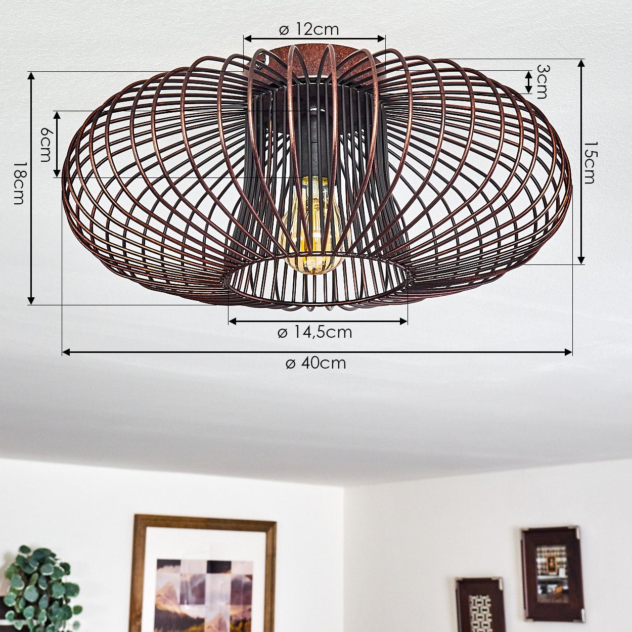 hofstein Deckenleuchte »Pieris« runde Deckenlampe aus Metall in Schwarz/Kupfer, ohne Leuchtmittel, E27, Retro-Leuchte mit Lichteffekt durch Gitter-Optik – Bild 4 von 5