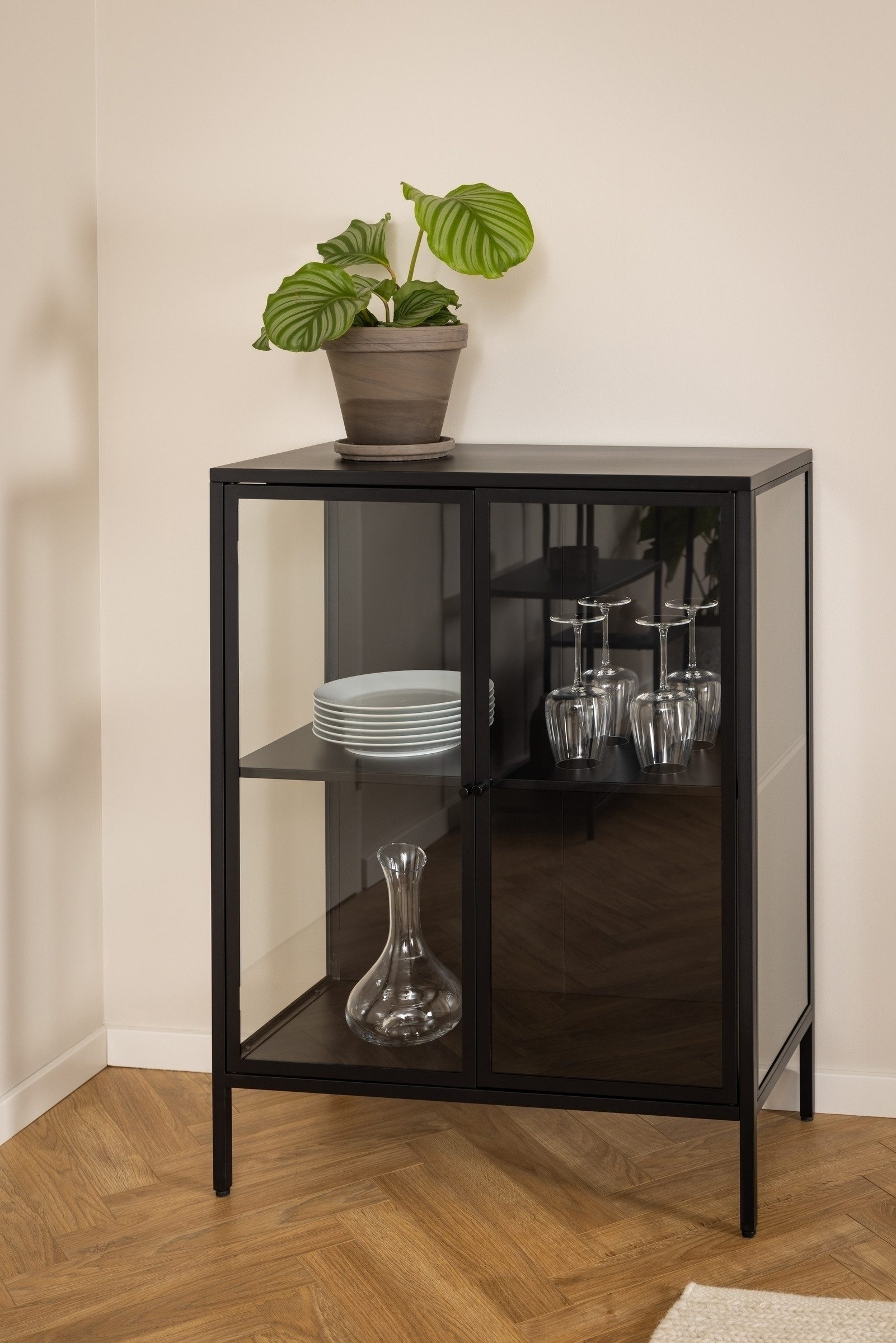 Glasvitrine in schwarz, Stahl - 80x98,7x40cm (BxHxT)