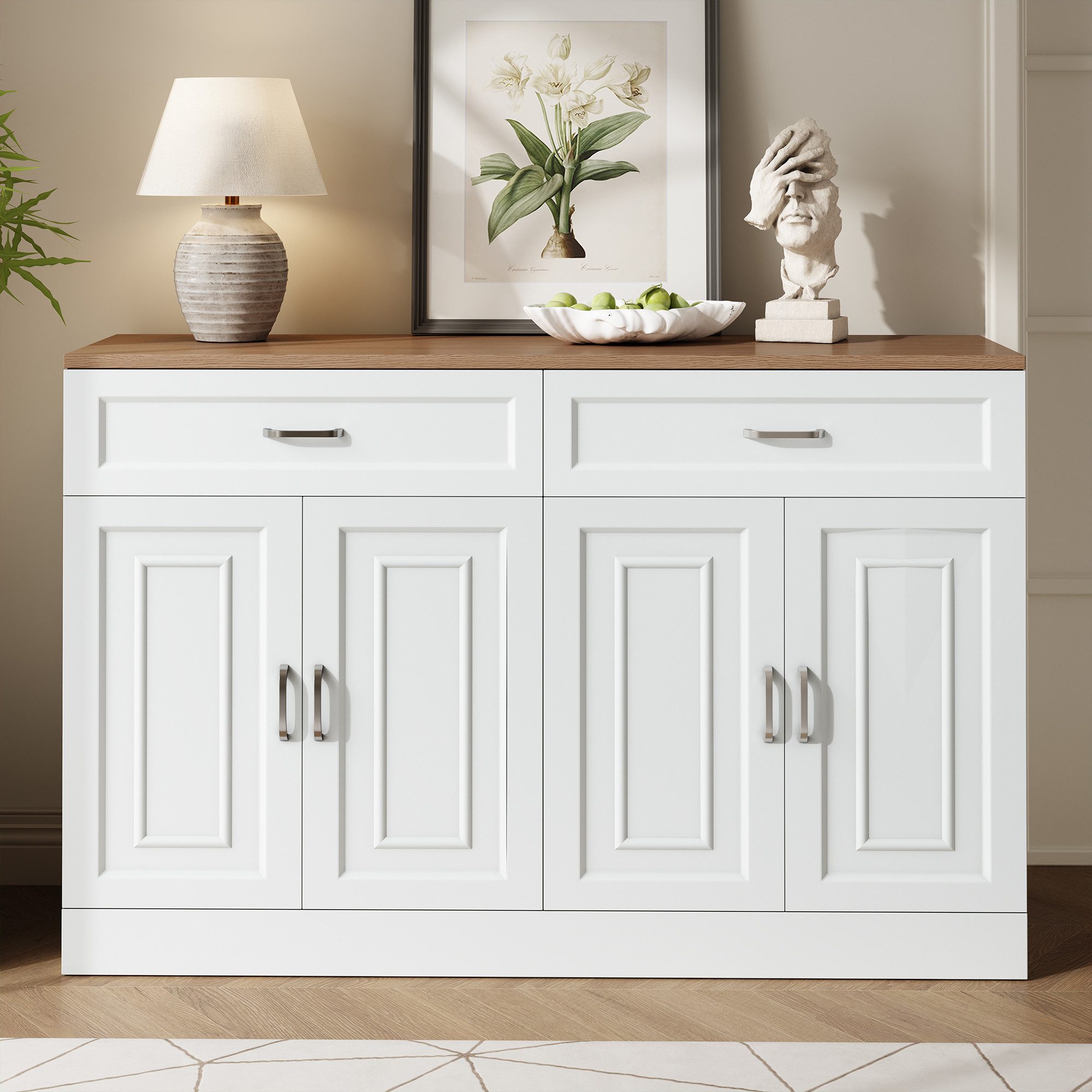 Merax Sideboard mit Soft-Close-System & natürlicher Holzmaserung (1 St., 120×35×80,5 cm), Kommode mit 4 Türen, 2 Schubladen & verstellbaren Einlegeböden
